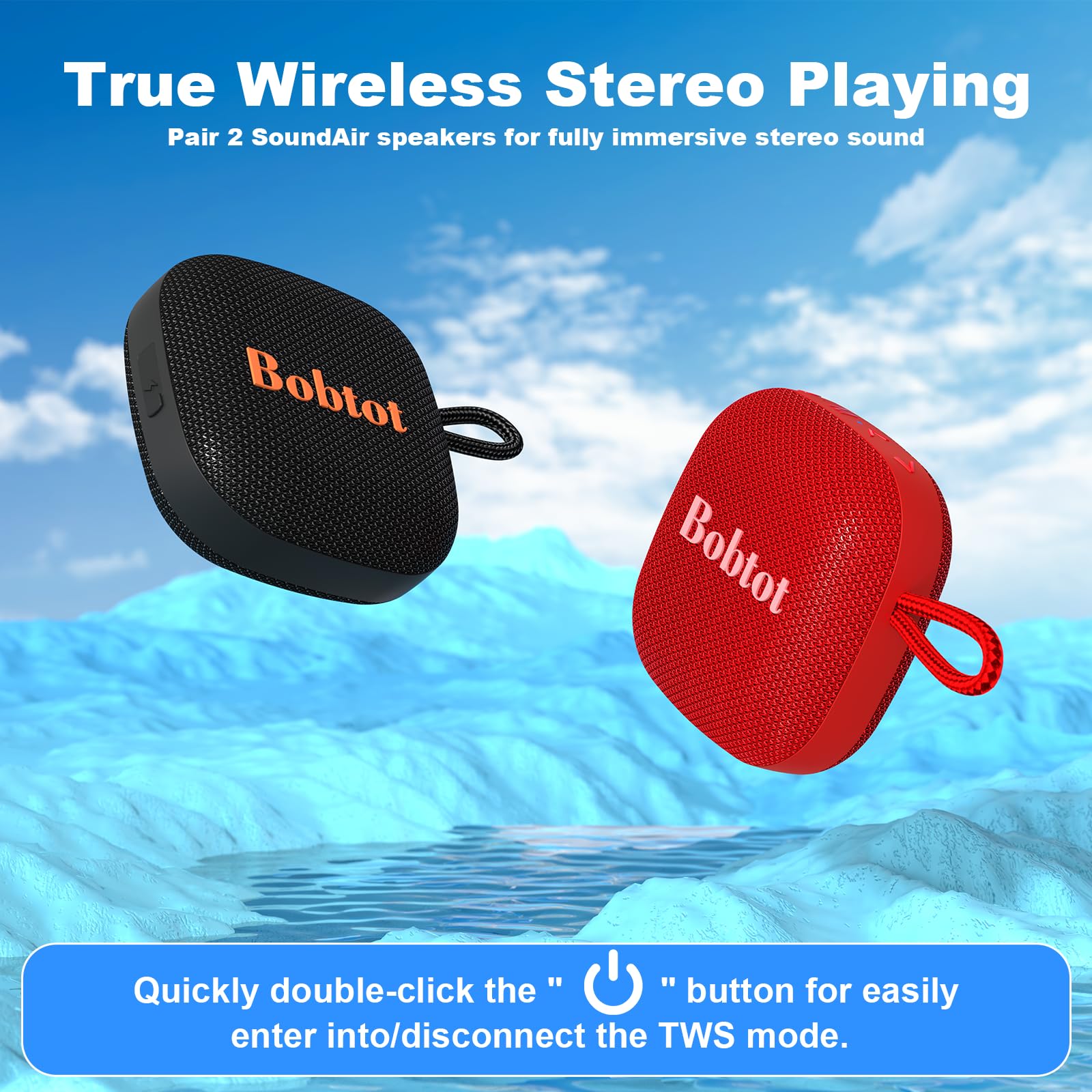 Bobtot Portable Bluetooth Speaker - IPX7 Waterproof, 16H Playtime, 10W Stereo Sound, TWS, Built-in Mic, Mini Size with Lanyard, Red - Perfect for Shower, Outdoor, and Travel