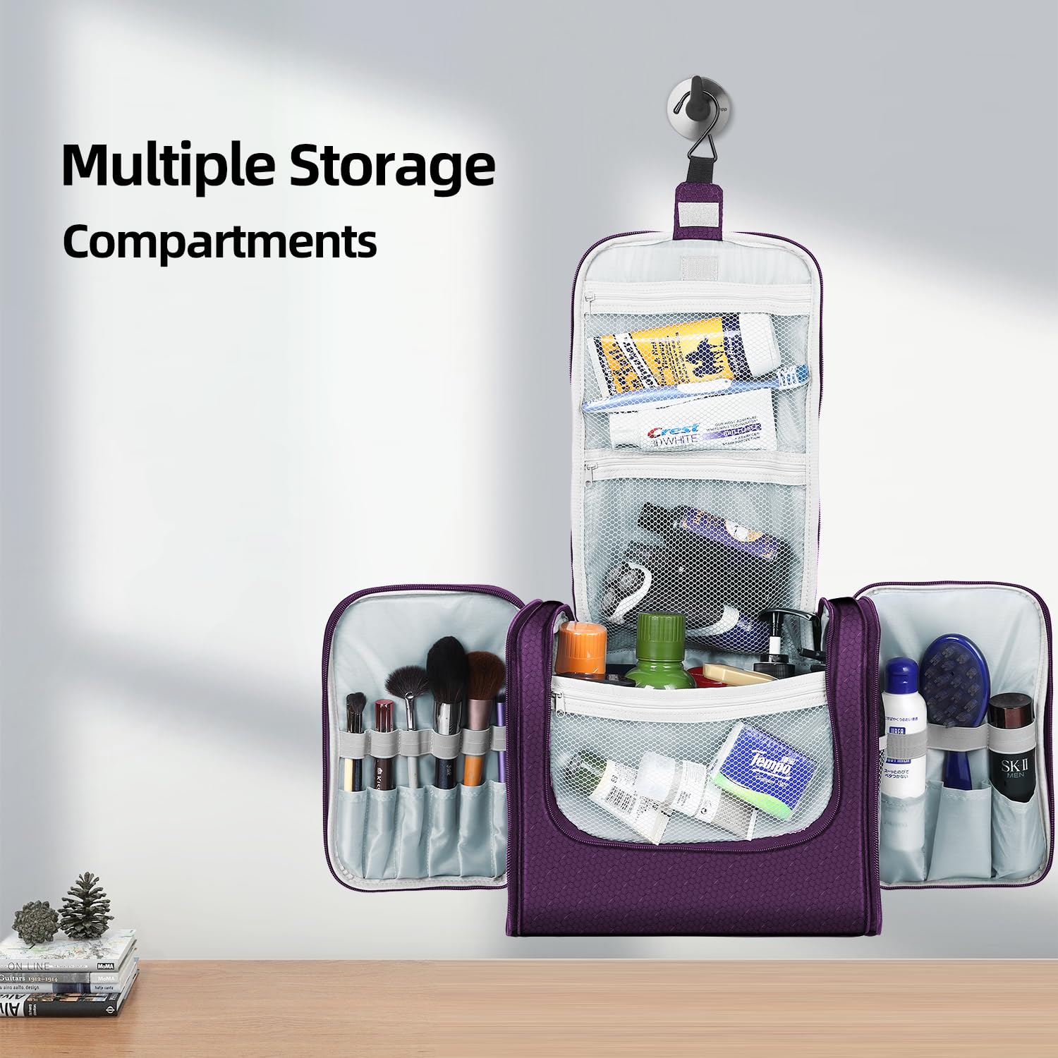 Buruis Large Hanging Toiletry Bag for Women & Men - Waterproof Cosmetic Organizer with Extra Capacity for Travel Essentials, Makeup, Full-Sized Toiletries (Purple) - Perfect for Air Travel, Camping & Gym Use
