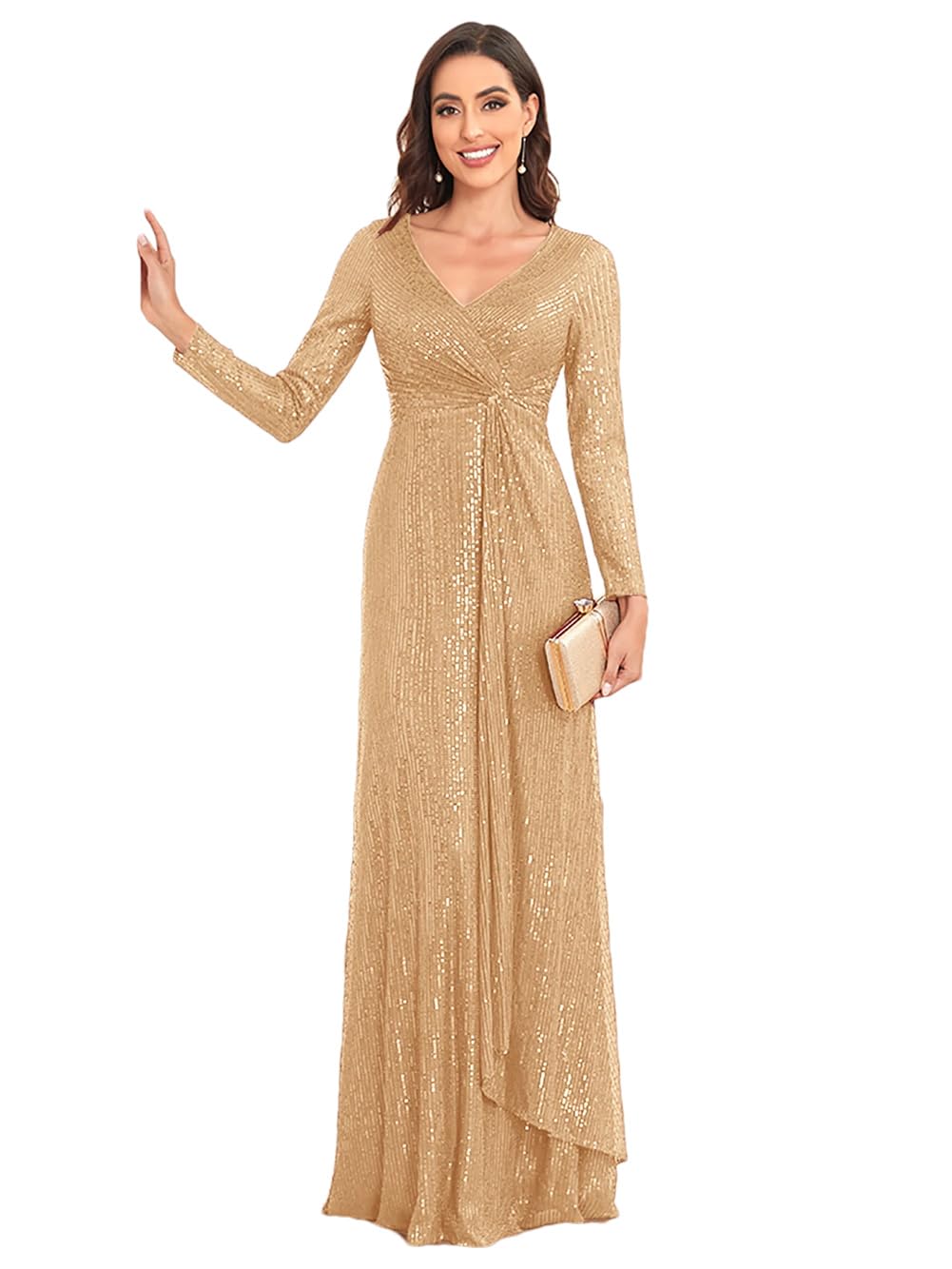 Elegant Long Sleeve V-Neck Sequin Evening Dress for Women - Wedding Guest Gown, Party Cocktail Dress, Formal Occasions & Special Events