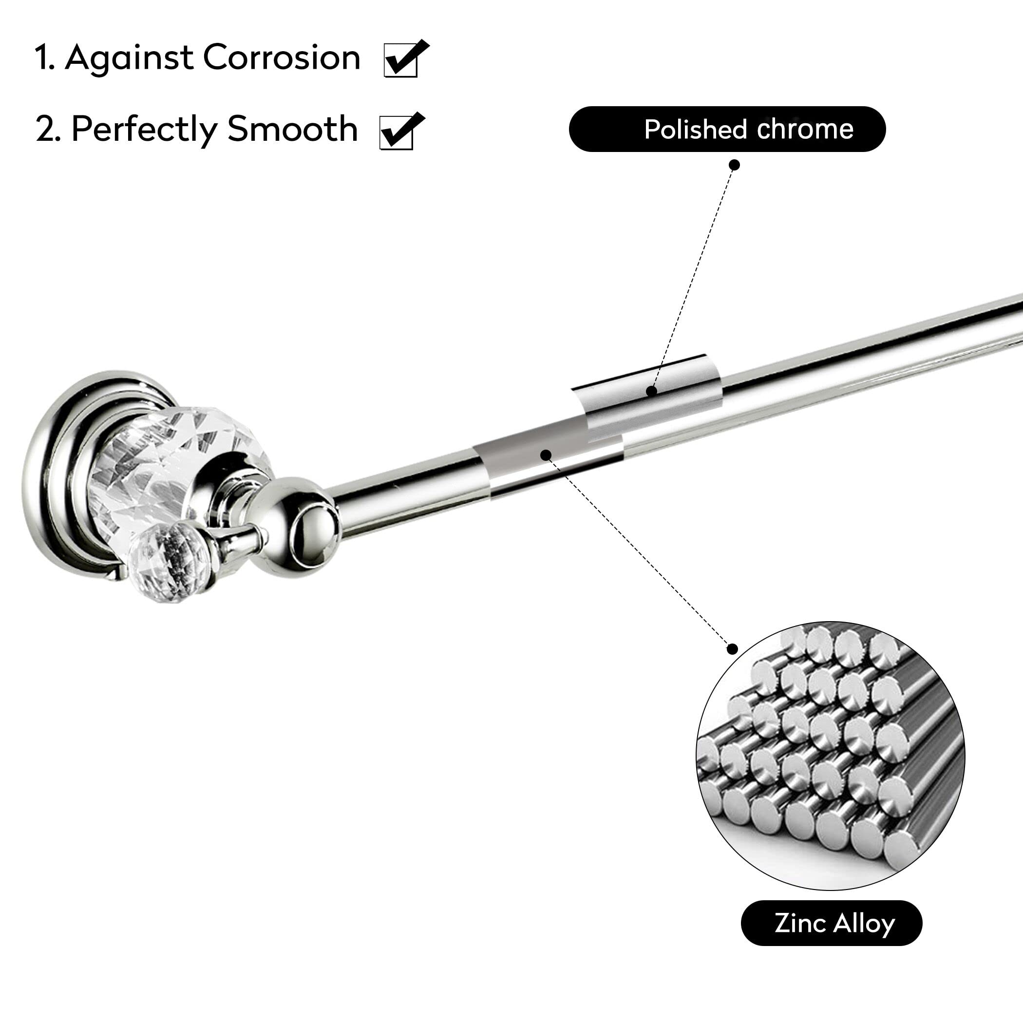 WOLIBEER Adjustable Stainless Steel Towel Bar - Chrome Expandable Towel Rack for Bathroom, Wall Mounted Towel Holder with Crystal Accents - Perfect for Modern Bathrooms, Spa, and Luxury Home Decor