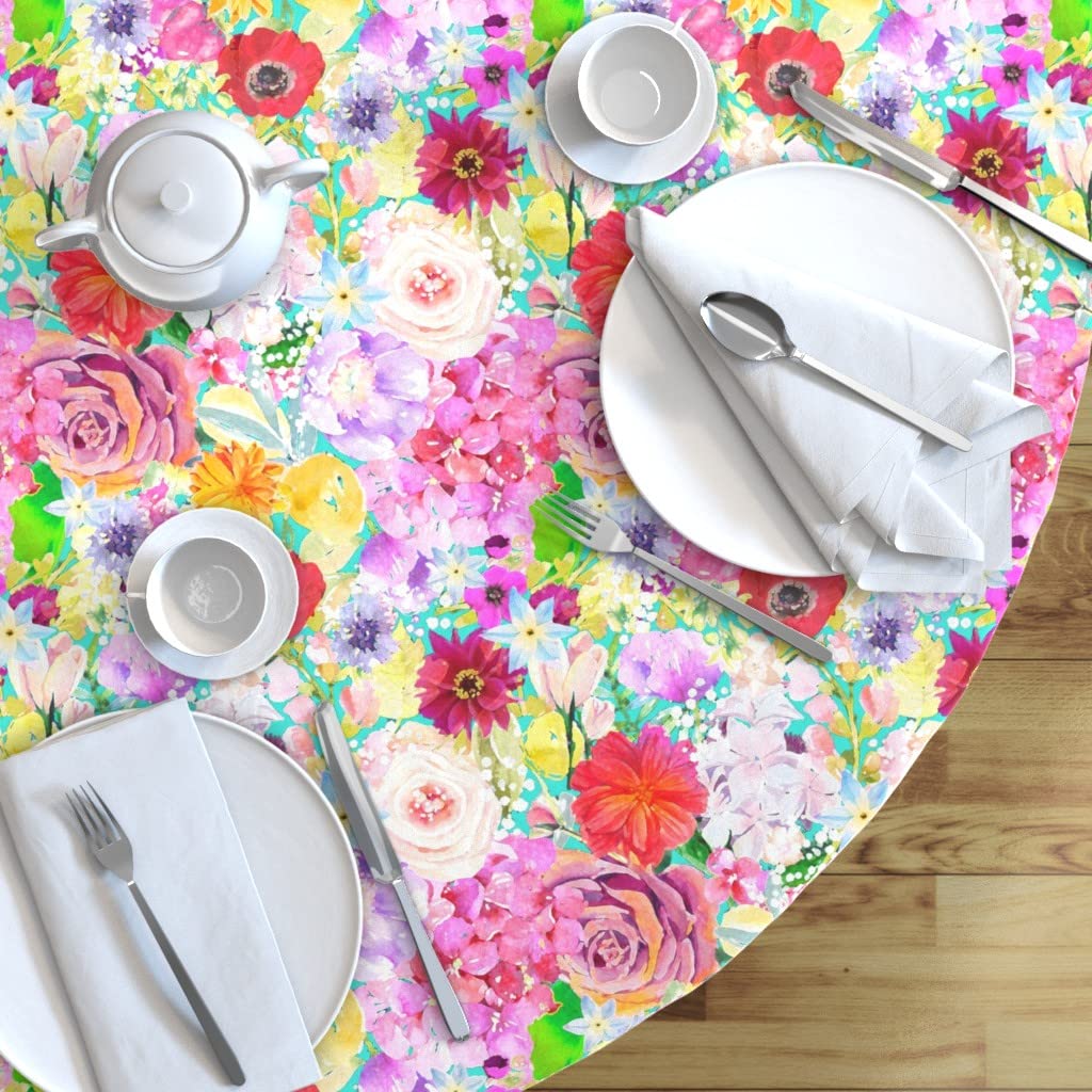 Custom Summer Bouquet Turquoise Watercolor Floral Printed Cotton Sateen Tablecloth - 90