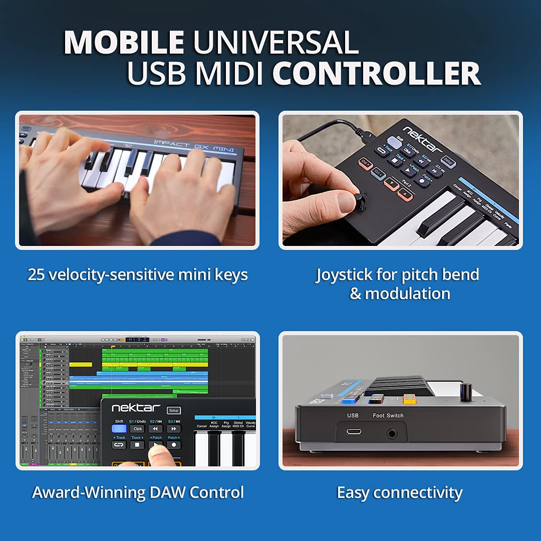 Nektar Impact GX Mini USB MIDI Controller - 25-Key Compact Keyboard for Music Production, DJing & Home Studio Recording