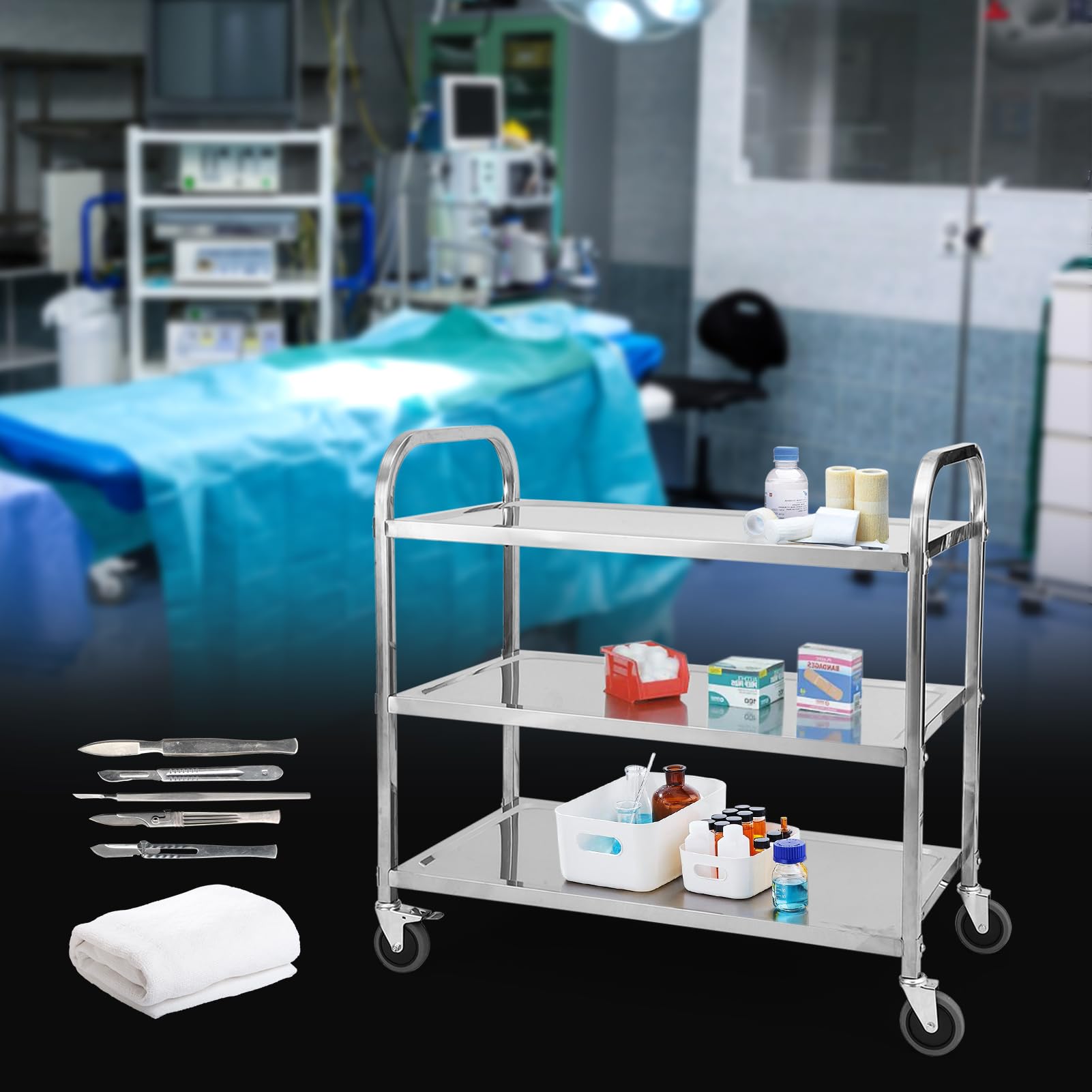 GARVEE 3-Tier Heavy Duty Stainless Steel Utility Cart with Handle & Locking Wheels - 265Lbs Capacity (85x45x90cm) - Perfect for Kitchen, Restaurant, Hospital, Lab & Home Organization