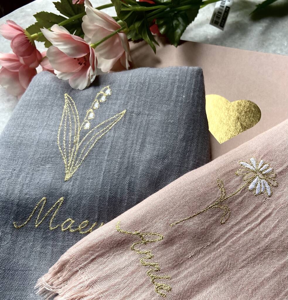 Birth Flower Scarf with Greeting Card in Elegant Gift Box - Perfect Birthday Present for Women, Mother's Day Gift Idea