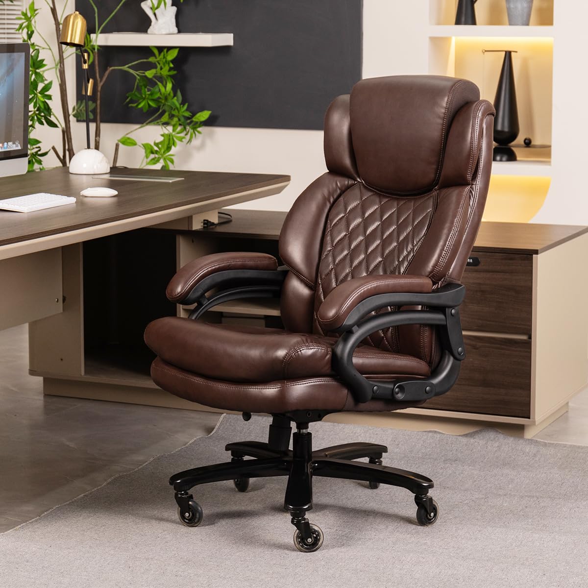 500lbs Heavy Duty Executive Office Chair for Big and Tall People - Adjustable Headrest, 360° Swivel & Reinforced Casters - Ergonomic Computer Desk Chair for Home & Office (Brown) - Perfect for Long Work Hours & Comfortable Workspaces