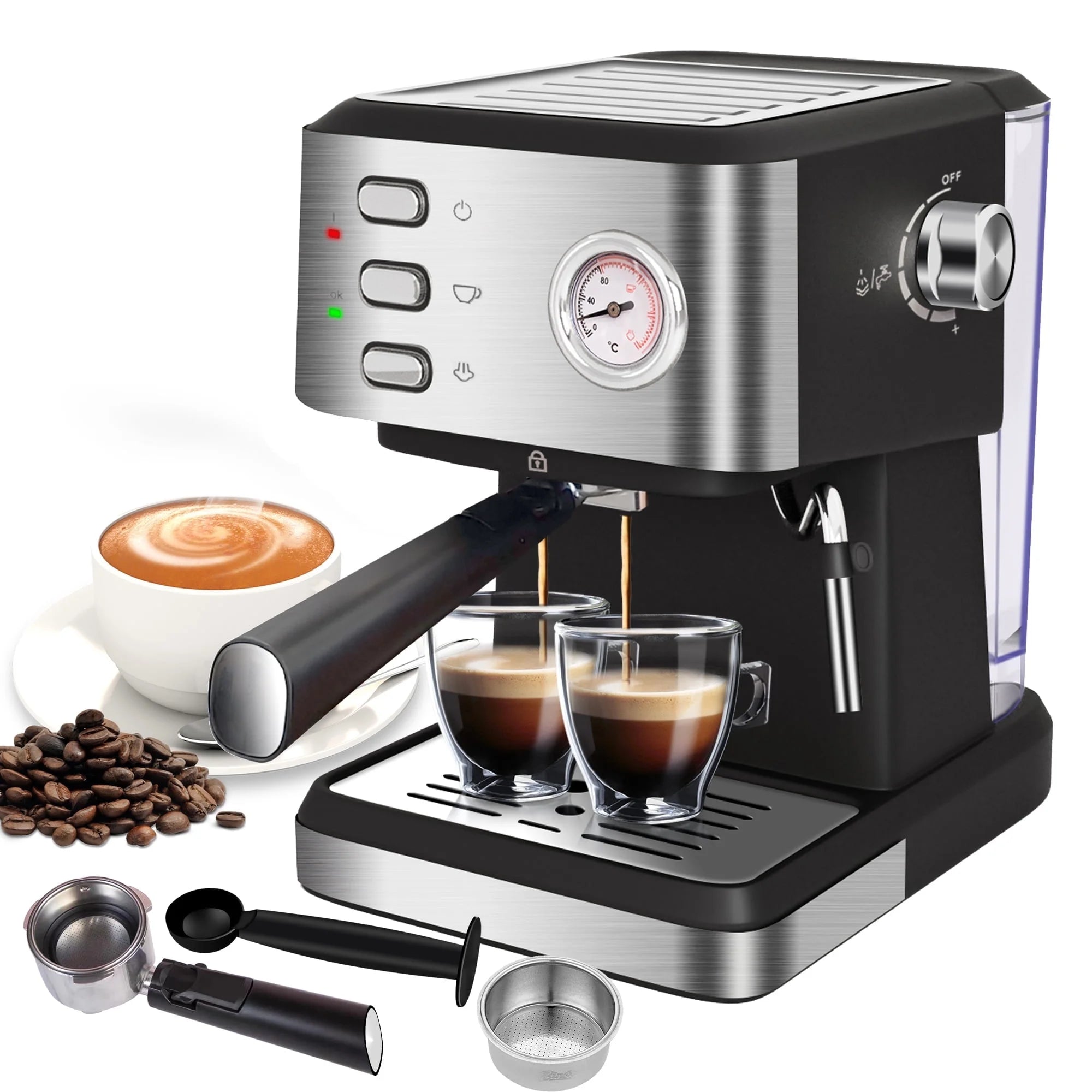 Bluebow CM3020 Espresso Machine 20 Bar Pressure with Milk Frother, 1.5L Removable Water Tank & Pressure Gauge - Professional Silver Coffee Maker for Home & Office Use