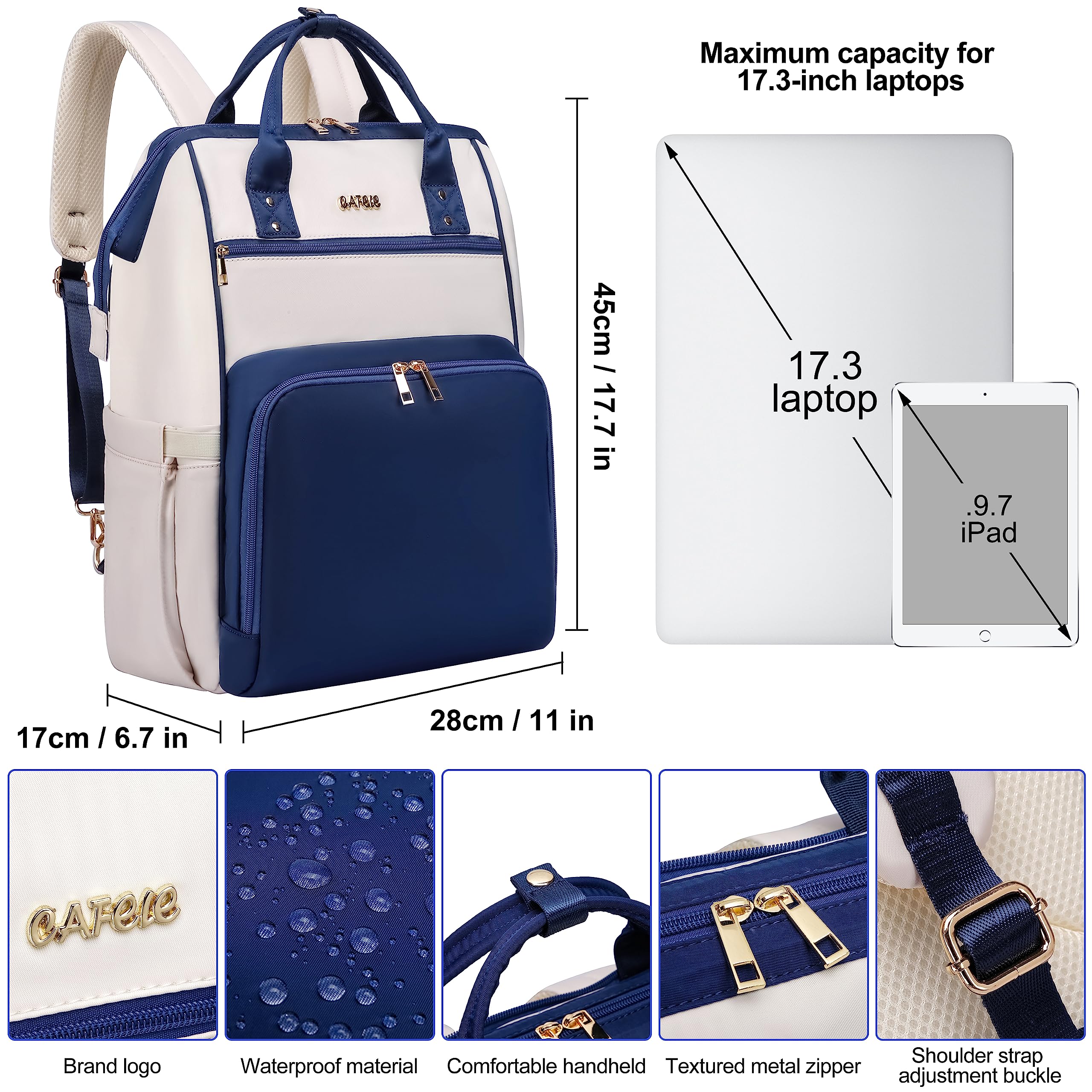17.3 Inch Laptop Backpack for Women - Stylish USB Charging Travel Backpack with Wide Opening Design, Water-Resistant Business Computer Bag for Work, School & Commuting (Blue-White)