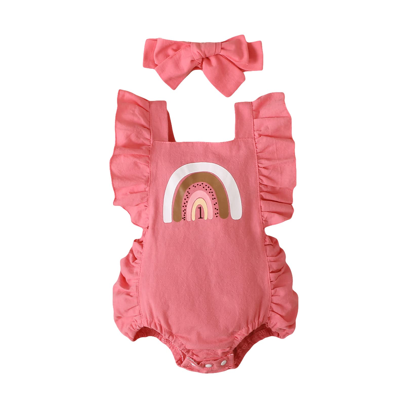 Newborn Baby Girl Clothes - Rainbow Pattern Fly Sleeve Romper with Snap Crotch & Headband | Soft Cotton One-Piece Jumpsuit for Newborn Photography, Baby Shower Gift & Everyday Wear