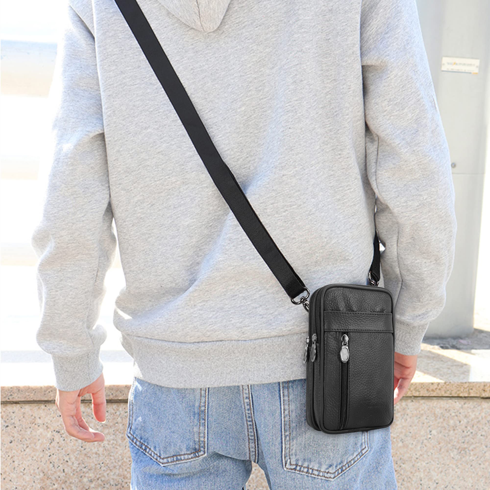 DOB SECHS Genuine Leather Crossbody Bag for Men & Women - Slim Phone Purse with Belt Clip, Shoulder Strap - Compact & Stylish Belt Pouch (Black) - Perfect for Travel, Shopping & Everyday Essentials