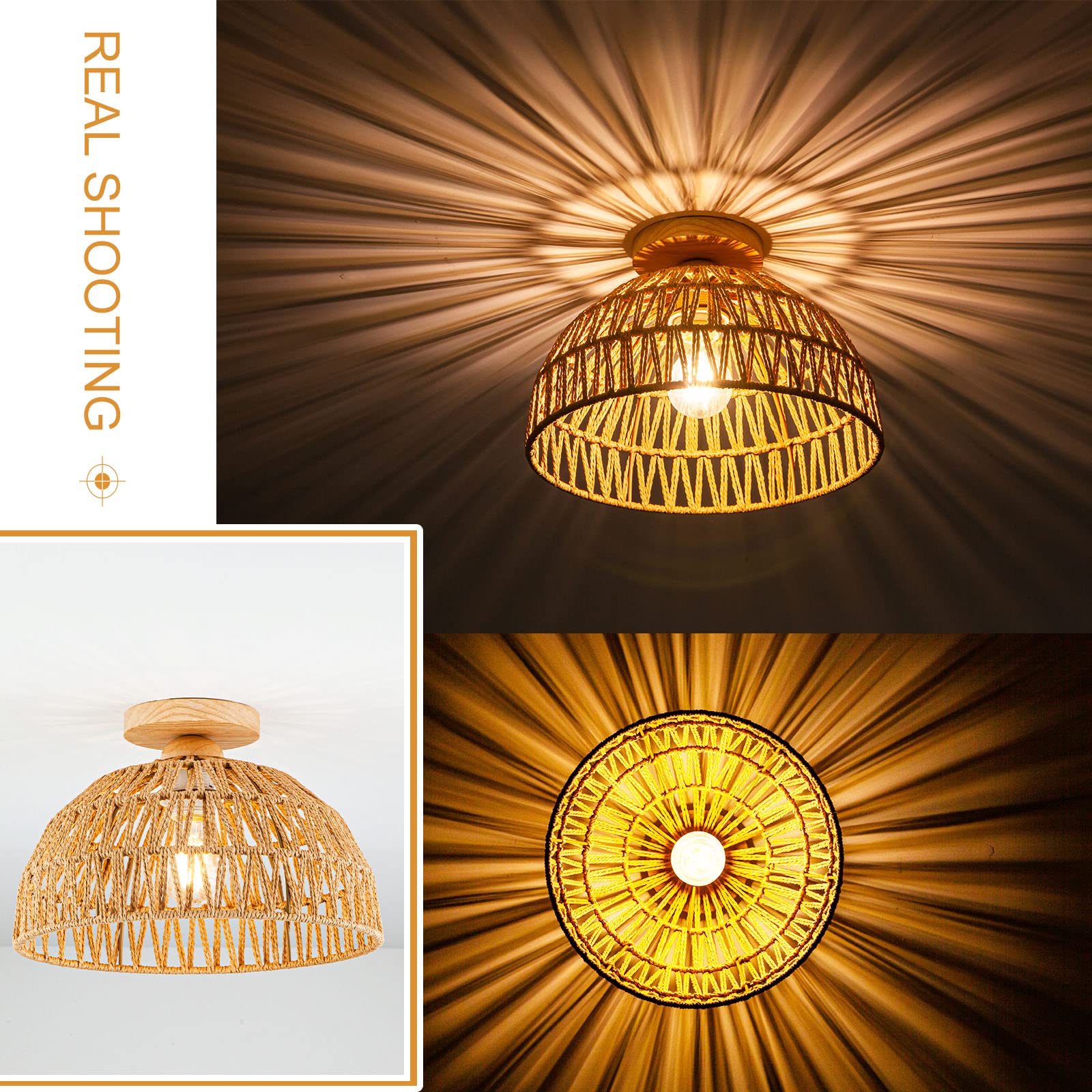 Boho Rattan Ceiling Light Fixture - Hand-Woven Flush Mount Chandelier with Wooden Base - Natural Woven Lamp Shade for Hallway, Bedroom, Kitchen & Nursery - Perfect for Boho, Farmhouse & Coastal Home Decor