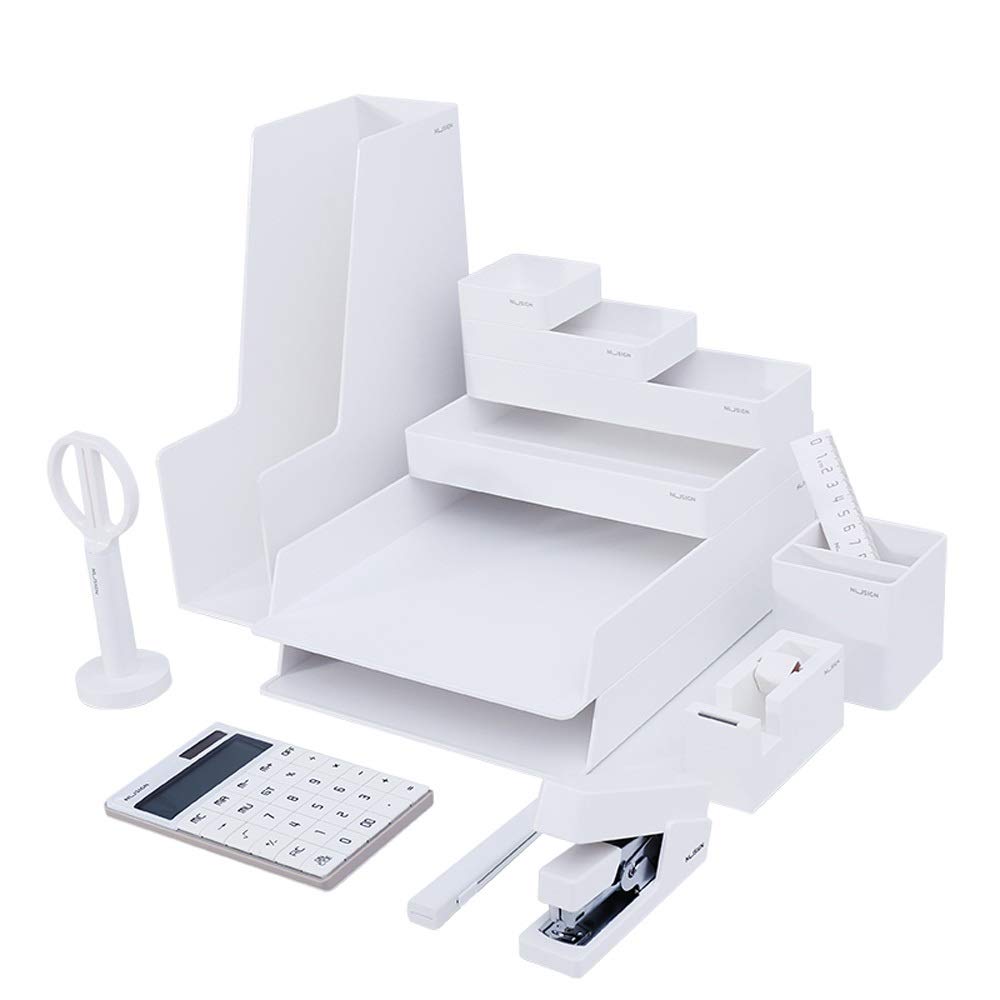 YUANFLQ 14-Piece Desktop Organizer Set - Multi-Layer File Holder, Pen Stand, Office Stationery Organizer with Scissors, Ruler & Tape Dispenser - Perfect for Office Desk, Home Study & Gift Giving (White)