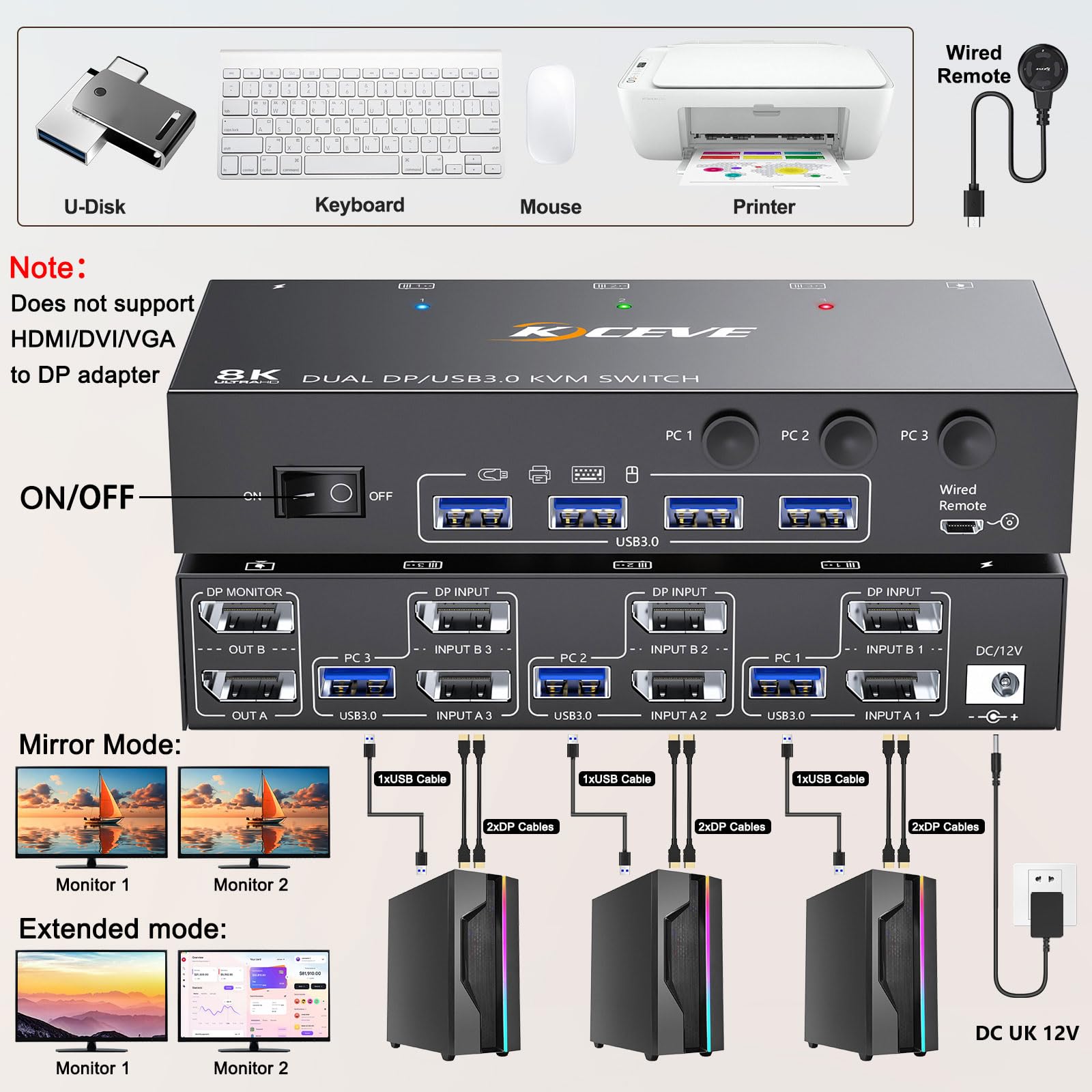 YOUTINGHDAV DP KVM Switch for 2 Monitors & 3 Computers | USB 3.0 4K@144Hz Dual Monitor DisplayPort 1.4 | Share Mouse & Keyboard | Includes Wired Remote & USB/DP Cables | Perfect for Gaming, Office & Multi-Tasking Workstations