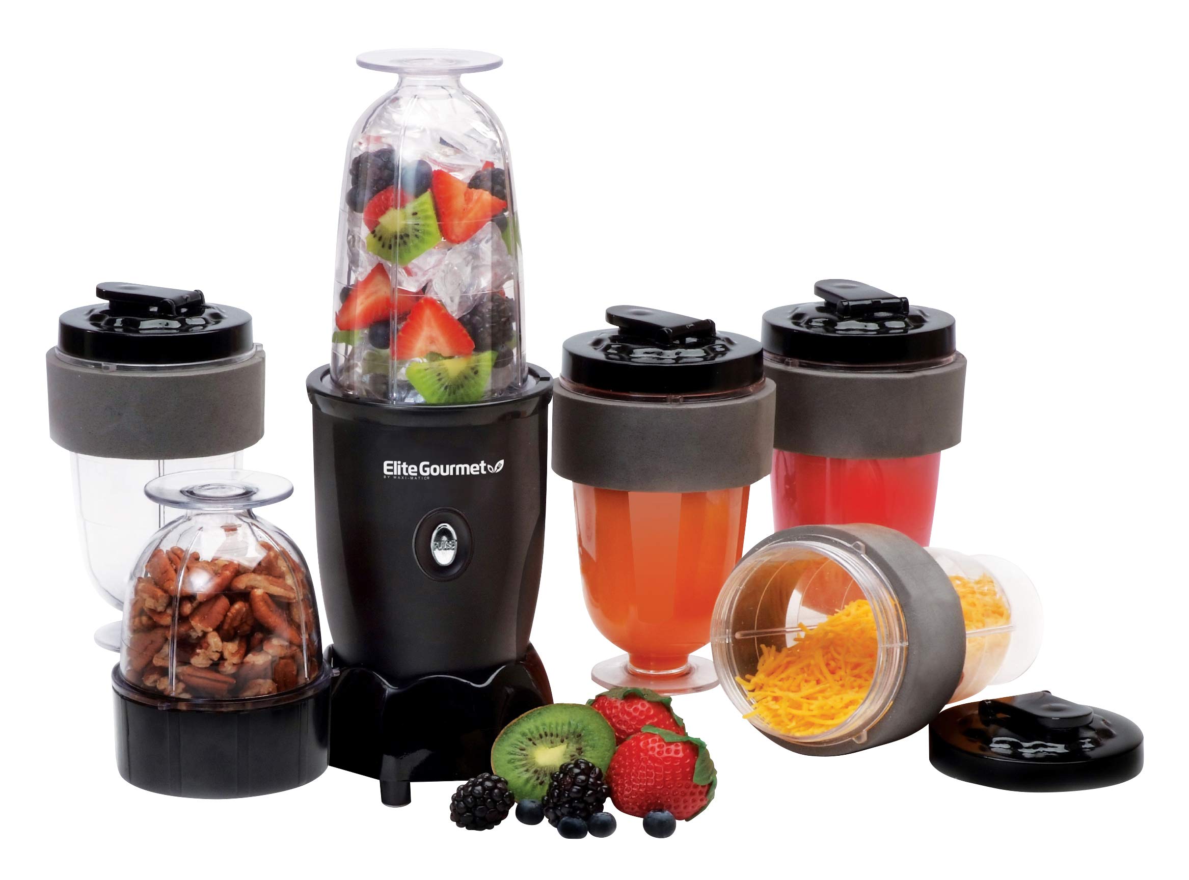 Elite Gourmet EPB-1800A 17-Piece Personal Blender for Smoothies & Shakes - 16oz Portable Sports Blender with Chopping Blade, Travel Lids & Extra Cups - Perfect for Gym, Office & On-The-Go Healthy Drinks