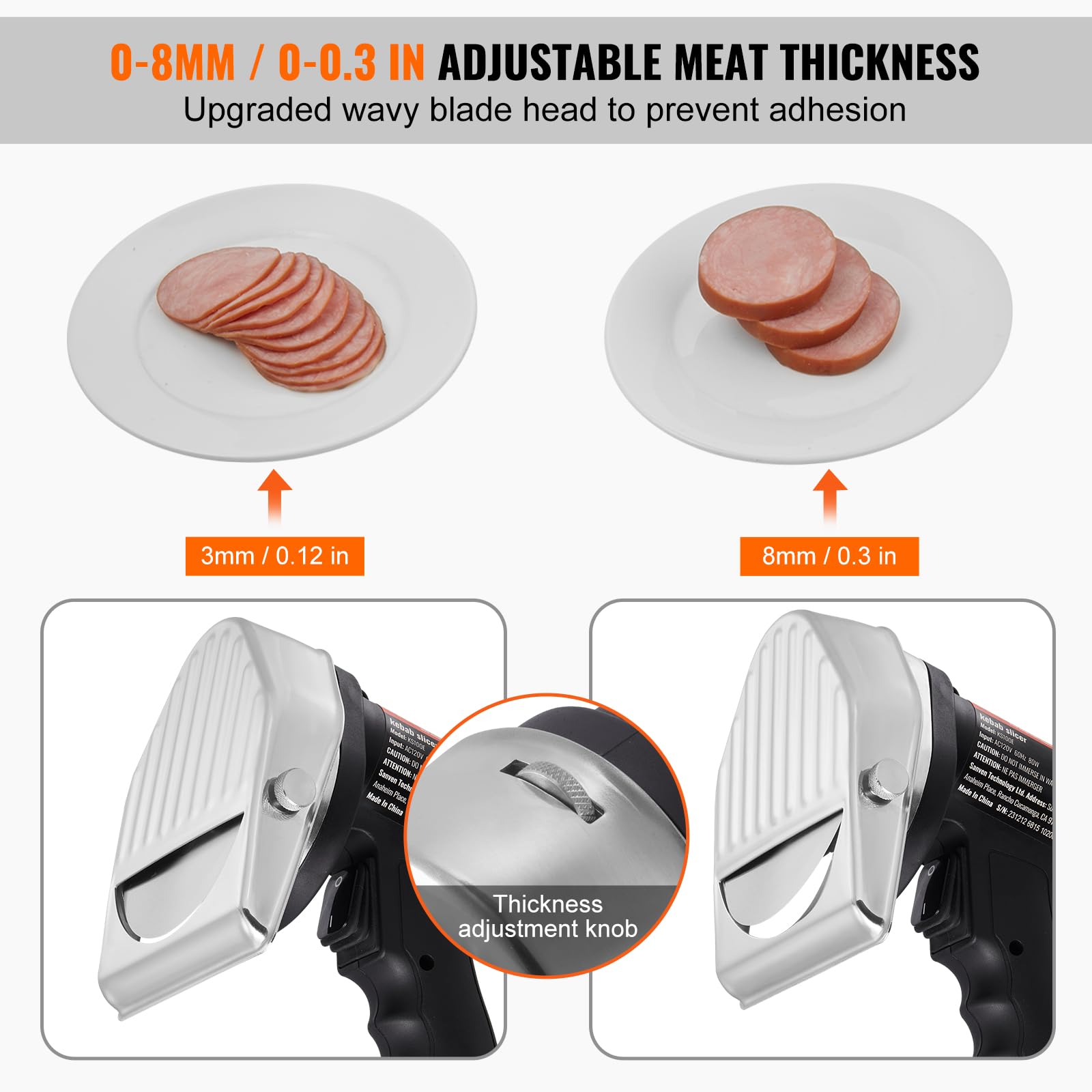 VEVOR 80W Electric Shawarma Knife - Professional Turkish Kebab Slicer with 2 Stainless Steel Blades (Φ100mm) | Adjustable 0-8mm Thickness | Commercial Gyro & Doner Meat Cutter for Restaurants, Food Trucks & Home Kitchens