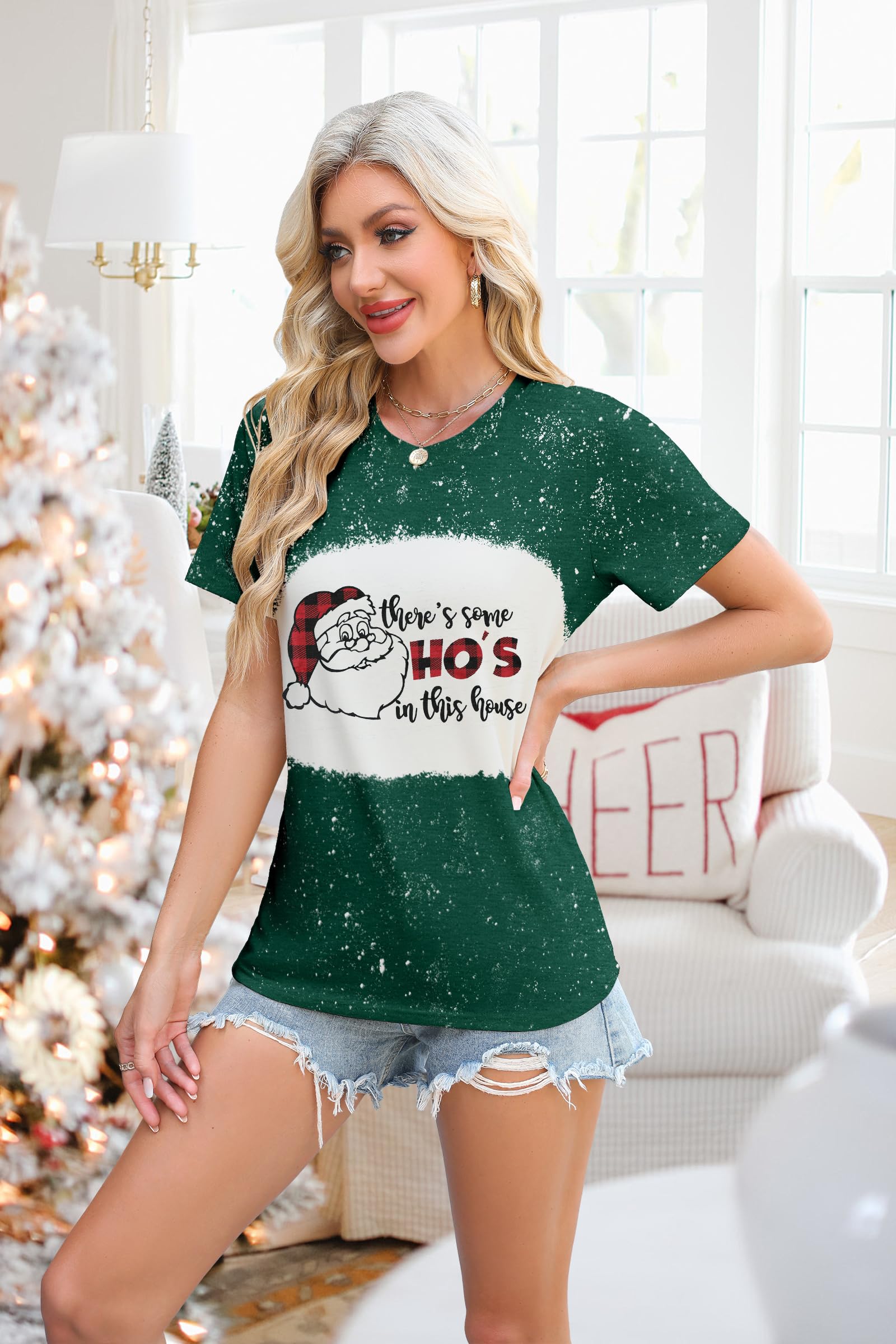 Funny Christmas T-Shirts for Women - 'There's Some Santa in This House' Holiday Tee | Casual Short Sleeve Top for Xmas Parties & Family Gatherings