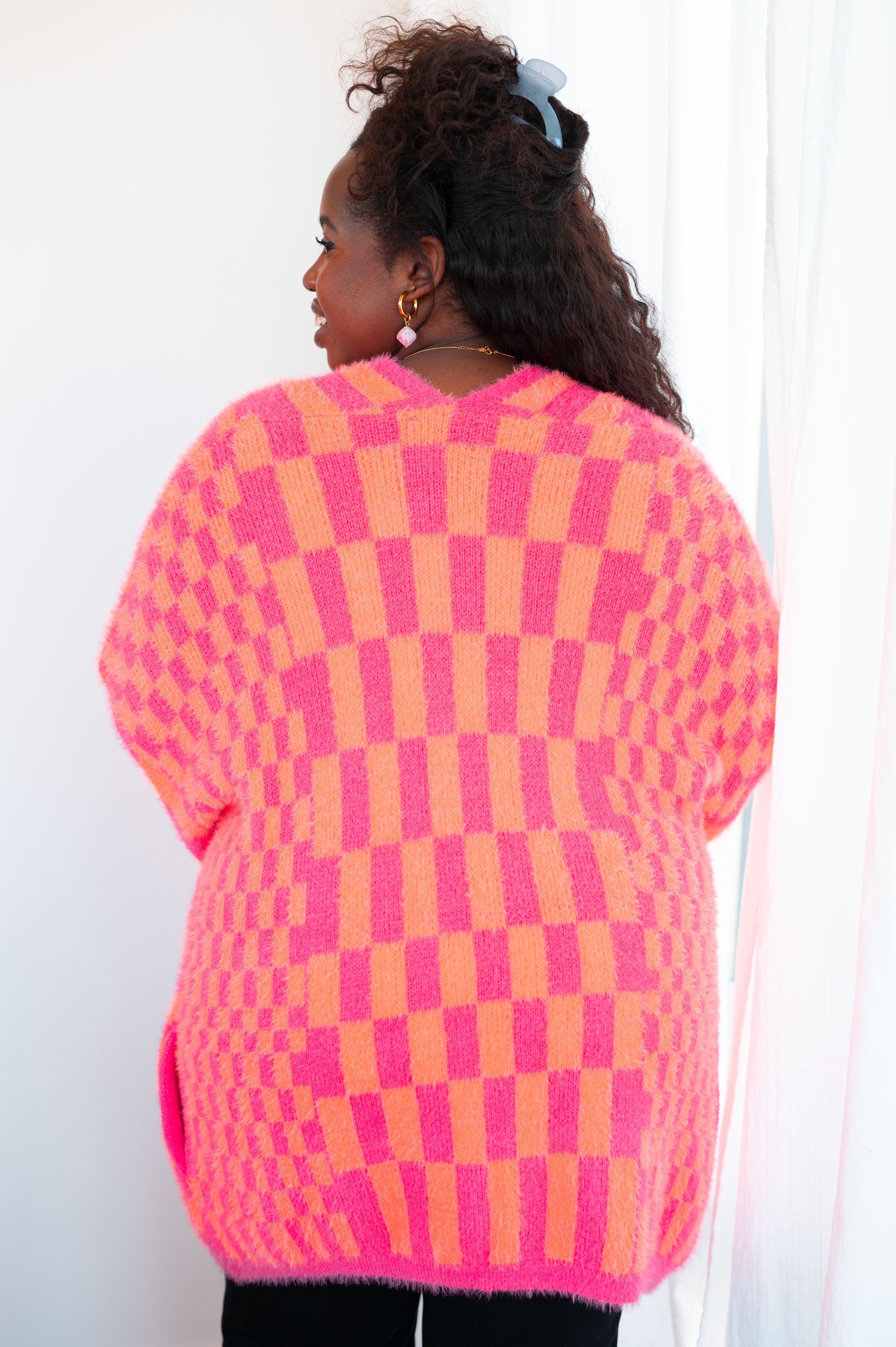 Trendy Pink and Orange Neon Checkered Cardigan for Women - Stylish Retro 90s Vintage Knit Sweater - Perfect for Casual Outfits, Streetwear Fashion, and Instagram Photos