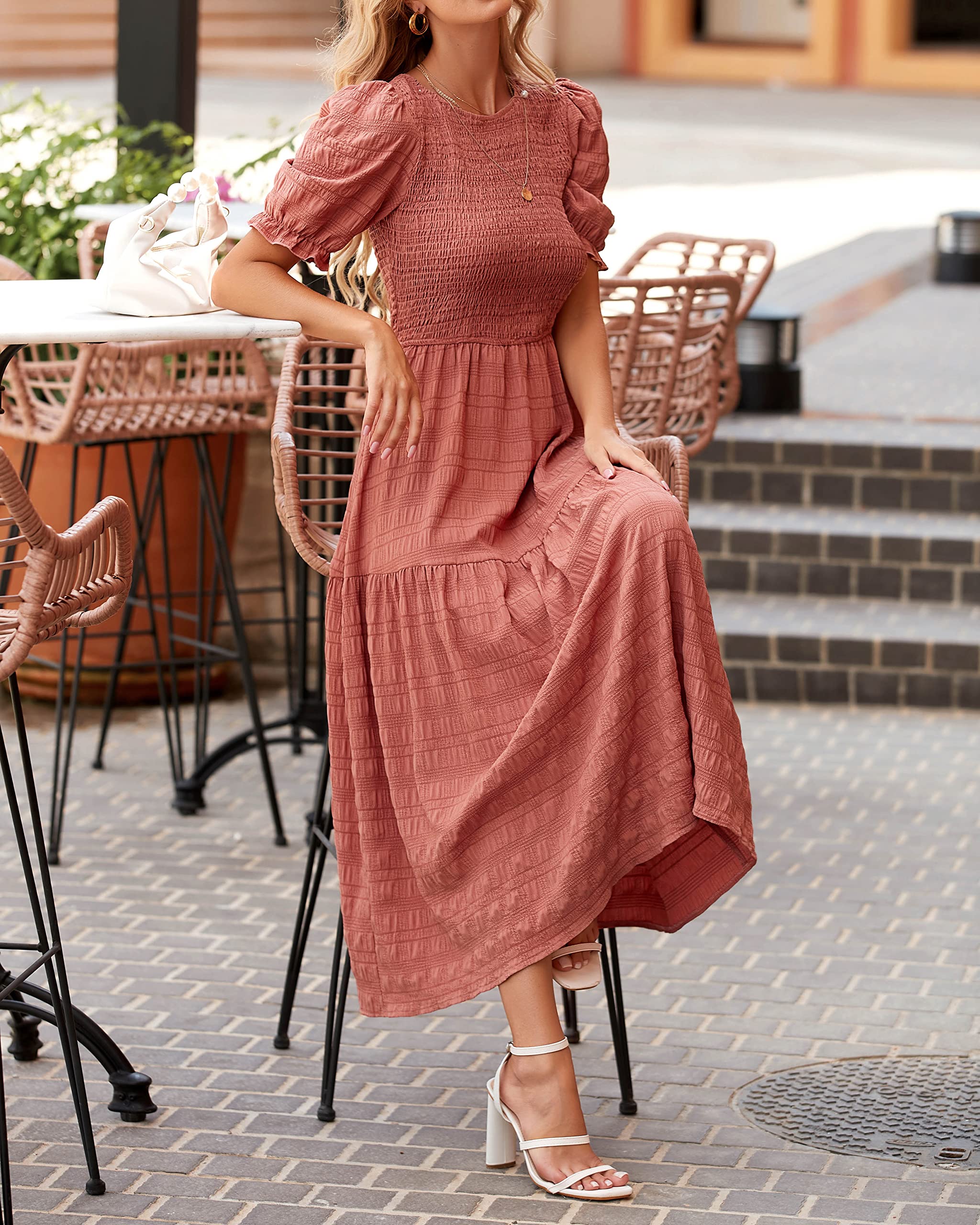 Dowerme Women's Summer Dresses 2025 - Casual Puff Short Sleeve Crewneck Smocked Flowy Ruffle Boho Maxi Sundress for Beach, Party & Vacation Wear