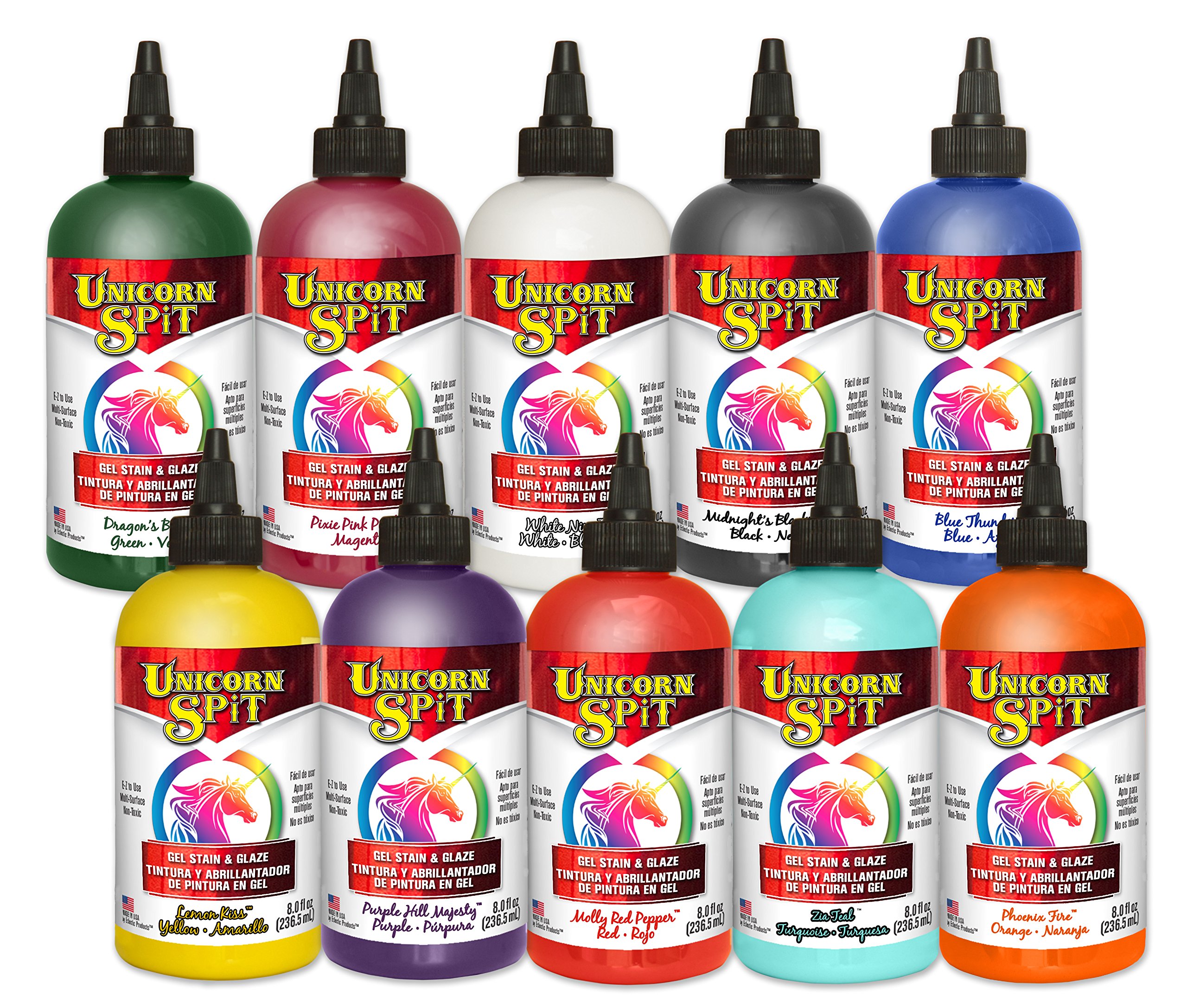 Unicorn SPiT Gel Stain & Glaze in One - 10 Color Paint Collection (8 oz Bottles) for Wood Furniture, DIY Crafts & Home Decor Projects