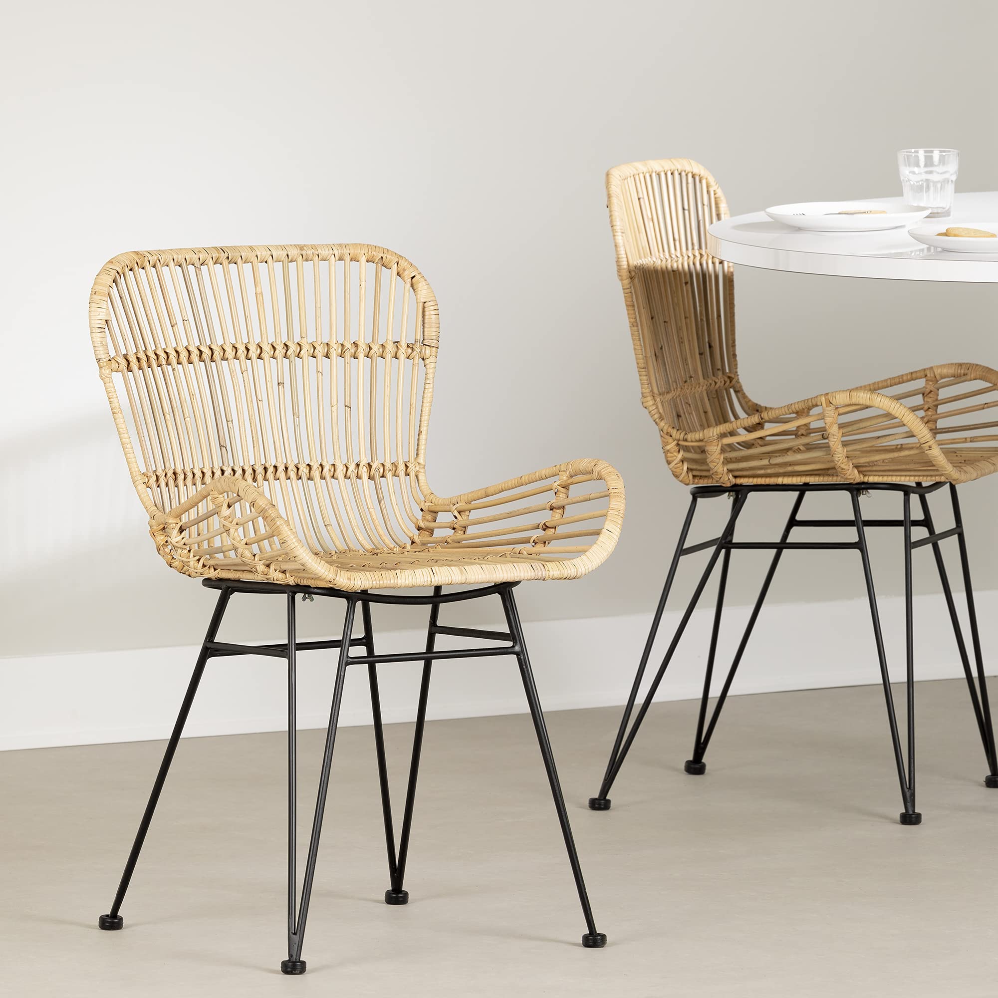 South Shore Balka Dining Chairs with Armrests, Set of 2 - Rattan & Black Modern Kitchen Chairs for Dining Room, Breakfast Nook or Patio