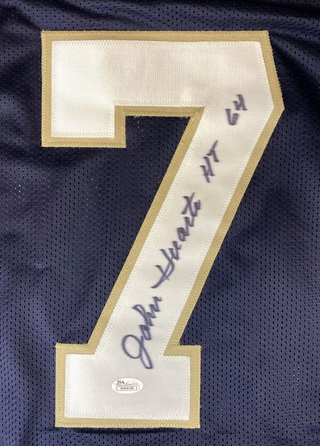 Authentic John Huarte Notre Dame Signed Navy Blue Football Jersey with JSA Hologram - HT 64 - Perfect for Sports Memorabilia Collectors and Notre Dame Fans Display