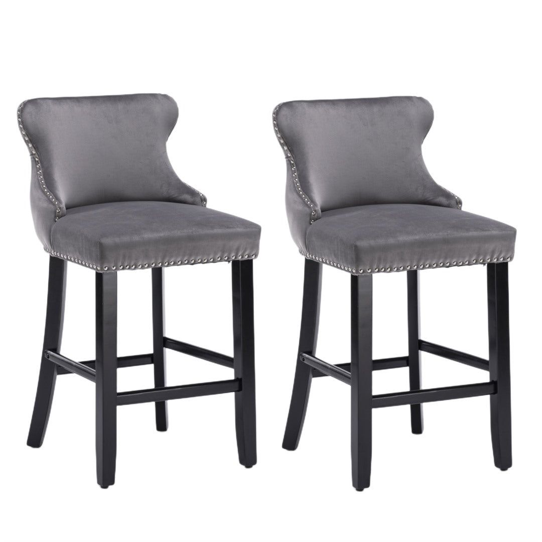 Velvet Upholstered Button Tufted Bar Stools with Wood Legs - Set of 4 Grey Barstools for Kitchen Island, Breakfast Nook & Home Bar Decor