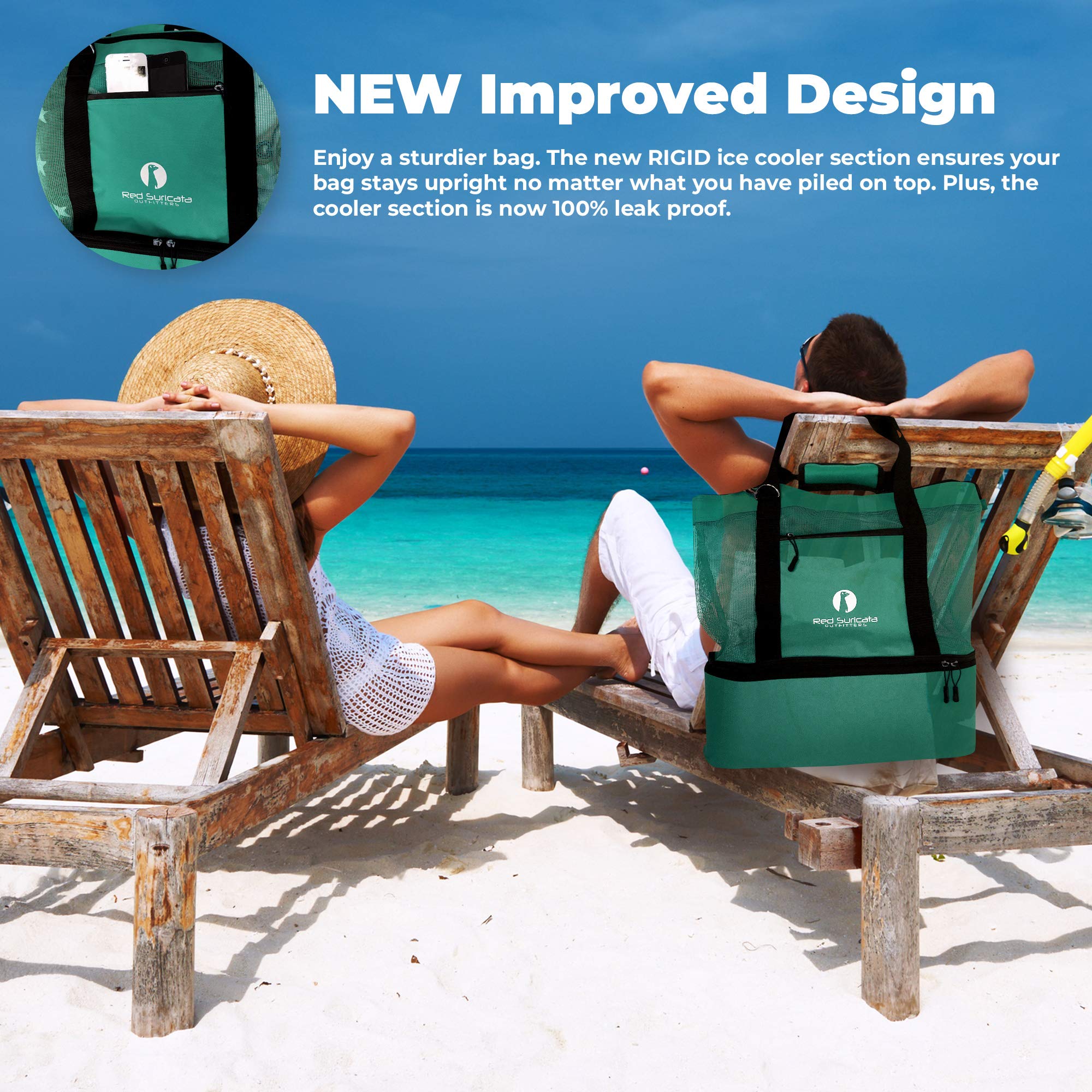 Red Suricata Mesh Beach Bag Cooler - Insulated Leak-Proof Tote for Women & Men | Perfect for Pool Parties, Picnics & Beach Vacations (Turquoise Green)