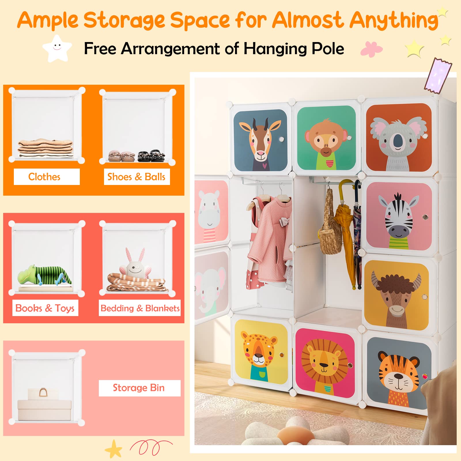 **HONEY JOY Kids Wardrobe Closet - 12-Cube & 2-Hanging Section Baby Clothes Organizer, Portable DIY Modular Dresser Cabinet for Boys & Girls (White) - Perfect for Nursery, Bedroom & Playroom Storage**