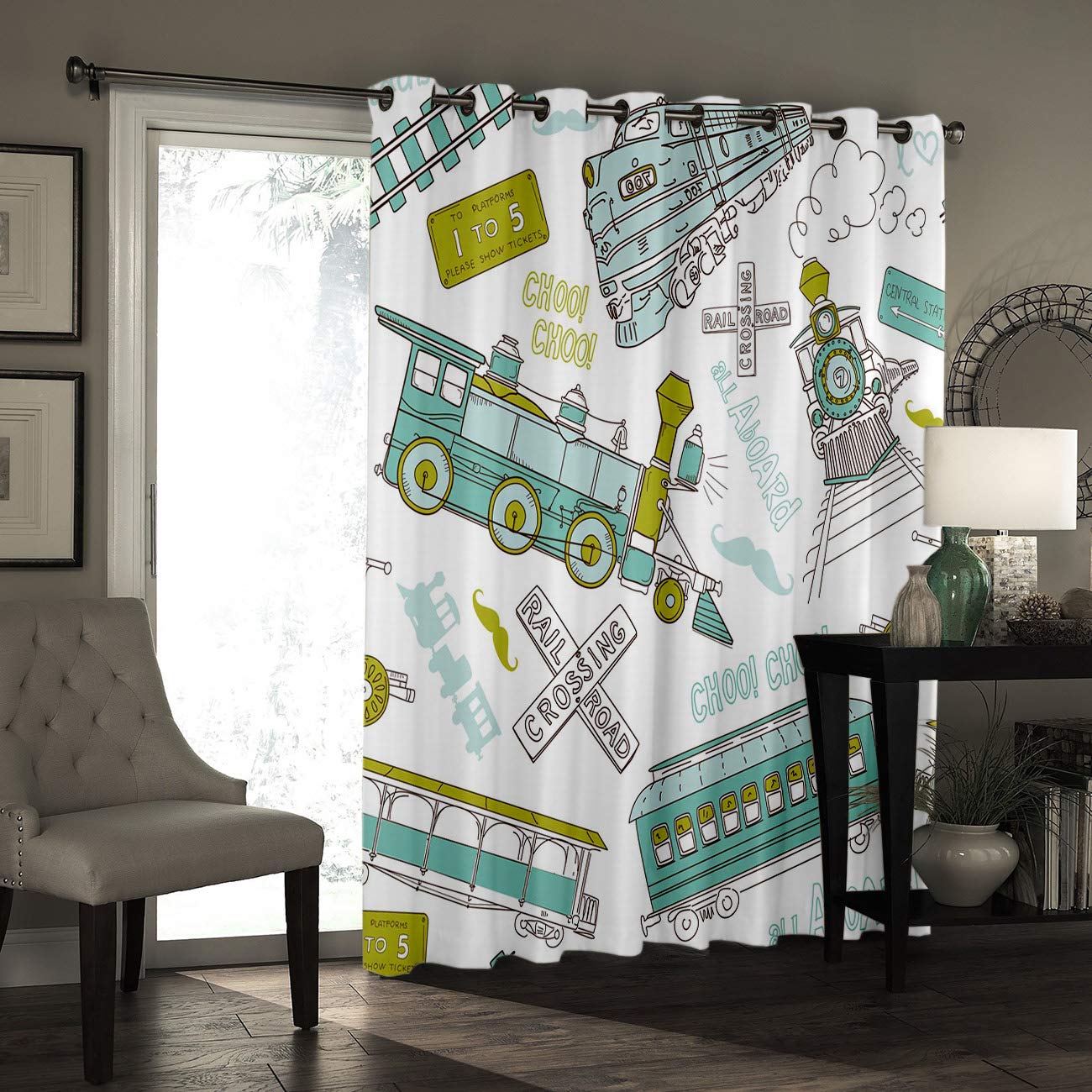 Blackout Curtains for Bedroom - Thermal Insulated Room Darkening Drapes with Grommet Top (52x90 Inches, Blue Train Pattern) - Perfect for Kids Room, Living Room, Office & Sliding Glass Doors - Blocks Light & Noise for Better Sleep & Privacy