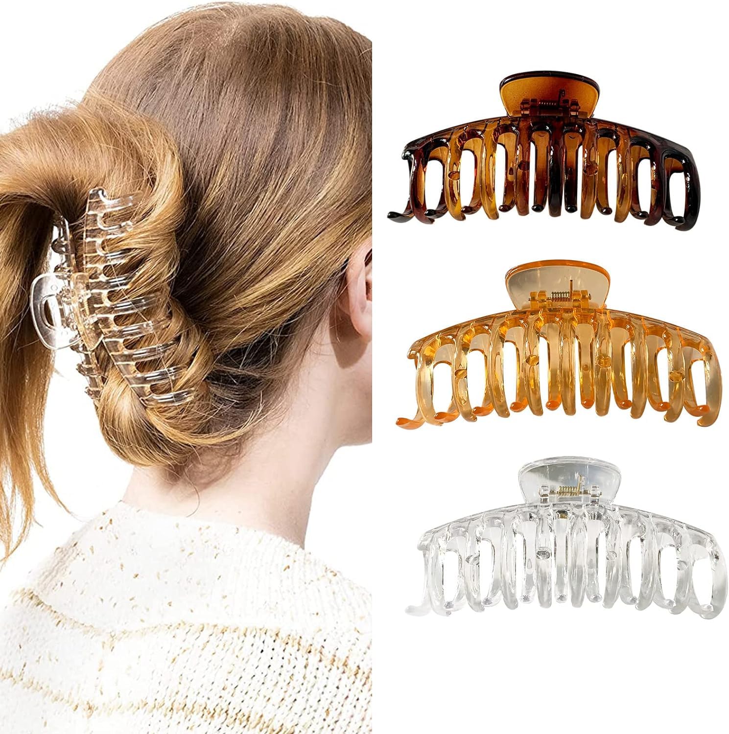 3 PCS Large Clear Hair Clips for Women - Transparent Rectangular Square Claw Clips, Strong Hold Banana Jaw Clips for Thick, Thin & Curly Hair - Perfect for Ponytails, Buns & Everyday Hairstyles