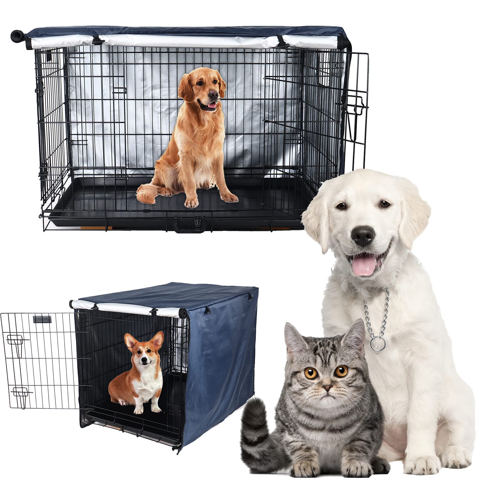 Senmortar Double Door Dog Crate Cover - Waterproof 420D Polyester Wire Cage Cover for Large Dogs (48 Inches) - Durable & Lightweight Pet Crate Accessory - Perfect for Home, Travel & Kennel Use - Dark Blue