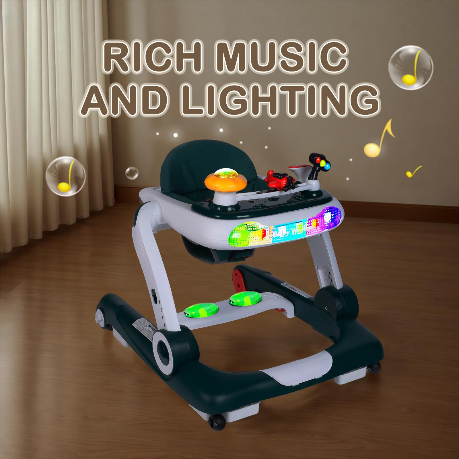 Kinder King 5-in-1 Baby Walker with Music & Lights - Adjustable Height Activity Walker for Toddlers, Anti-Rollover Safety Bumper, Learning-Seated & Walk-Behind Modes - Perfect for Indoor Play & Early Walking Development (Green)