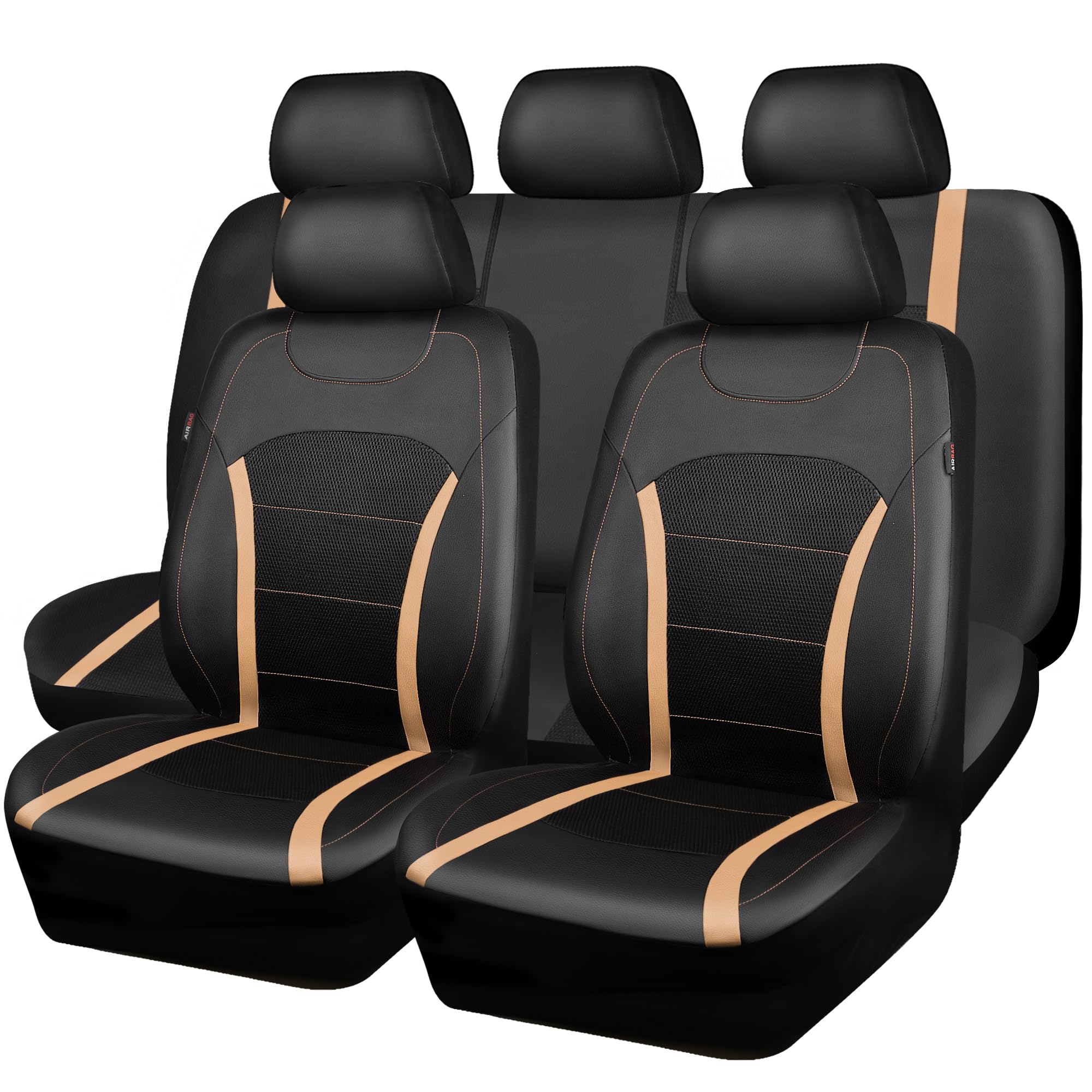 CAR-GRAND 3D Air Mesh Breathable Car Seat Covers Full Set - Universal Leather Seat Protectors for Cars, SUVs & Trucks | Airbag Compatible | Sport Style (Black/Beige) | Perfect for Daily Commuting, Road Trips & Family Travel