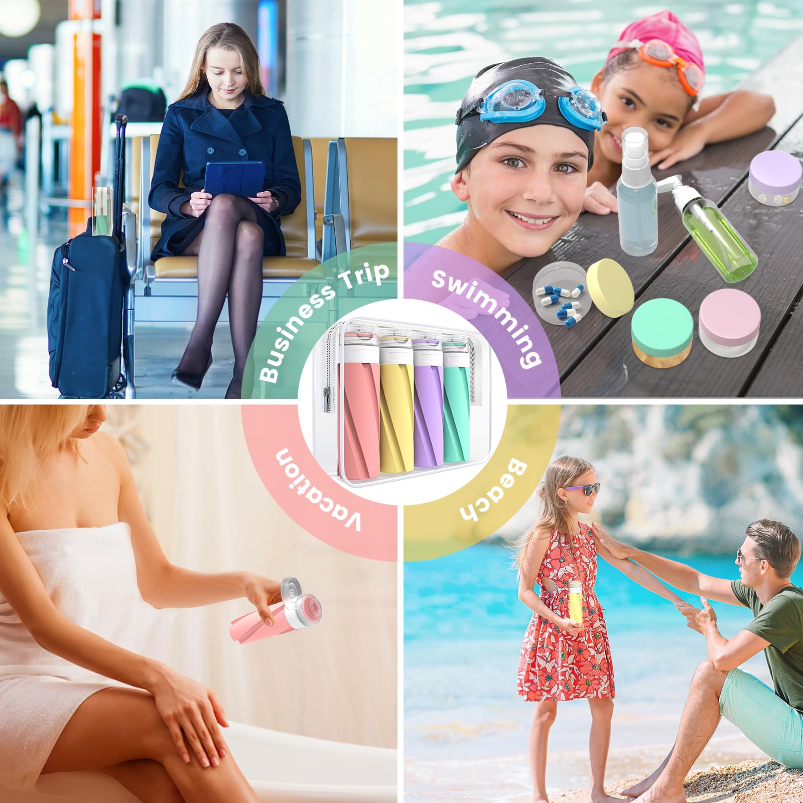 4 Pack TSA Approved Silicone Travel Bottles for Toiletries - 3.4oz Leak Proof Shampoo & Conditioner Containers | Refillable Travel Size Essentials for Airplane, Gym, Camping & Vacation