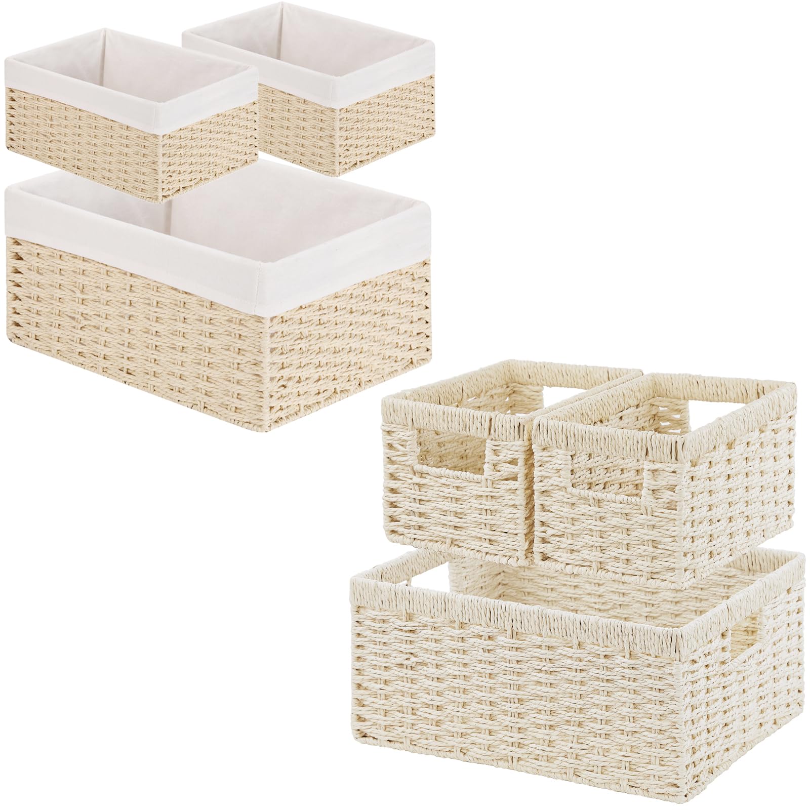 Vagusicc 6-Piece Woven Paper Rope Storage Basket Set - Large Cube Organizer Bins for Shelves, Bathroom, Living Room & Bedroom - Beige Wicker Baskets for Toilet Paper, Toys, Blankets & Home Organization