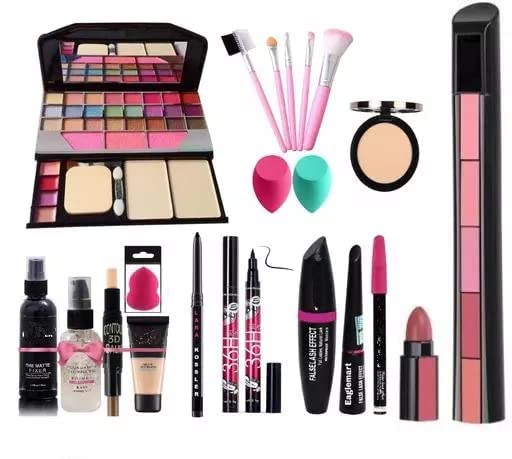 Mwezi TYA 6155 Professional 5-in-1 Makeup Kit with 5 Pink Brushes, 36H Eyeliner, Kajal, Compact, Lipstick, Fixer & Primer | 3-in-1 Combo for Contour & Foundation | Includes 3 Makeup Puffs (Pack of 20) | Perfect for Daily Use, Travel & Professional Makeup Artists
