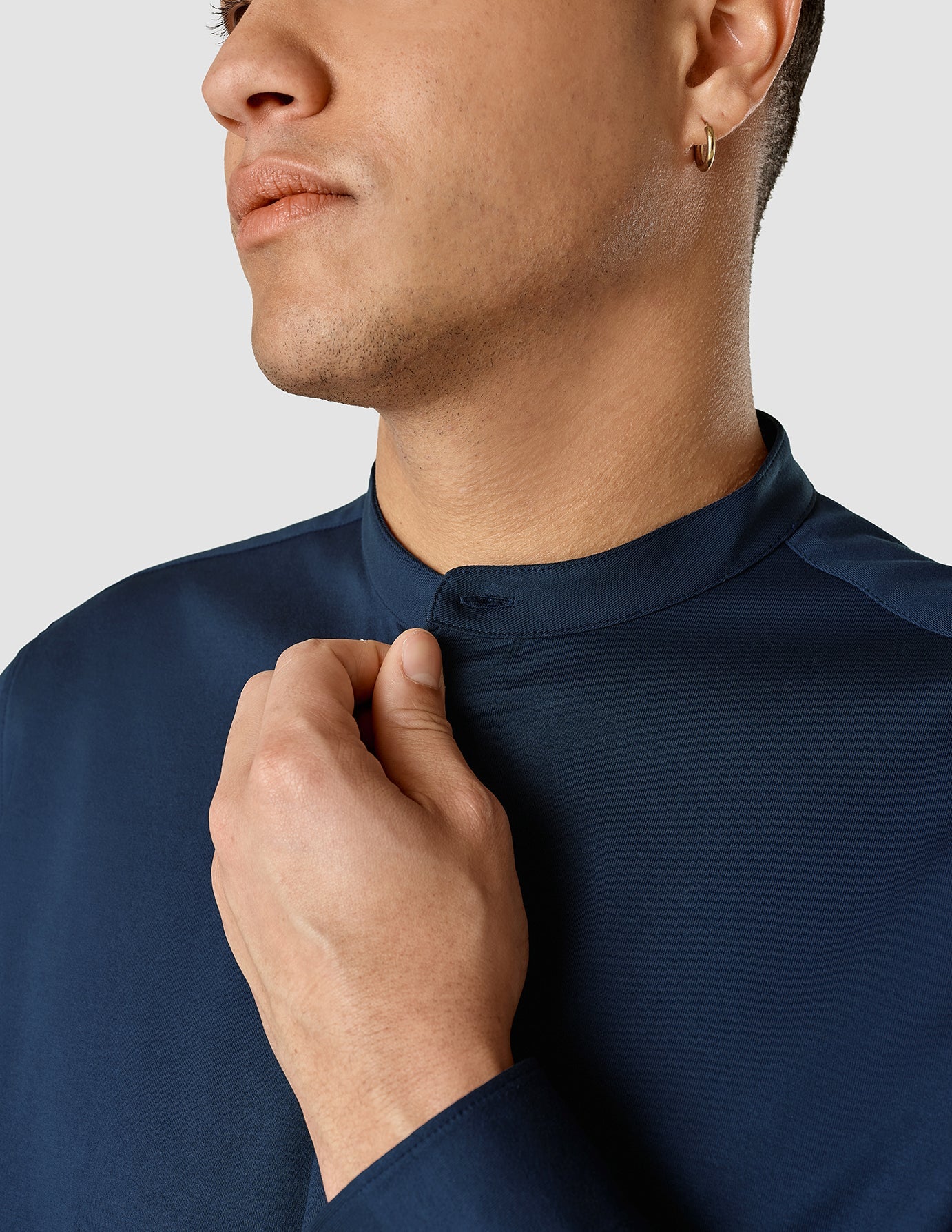 Classic Mandarin Collar Shirt for Men - Navy Blue Slim Fit Button Down Shirt - Perfect for Business Casual, Office Wear & Formal Occasions