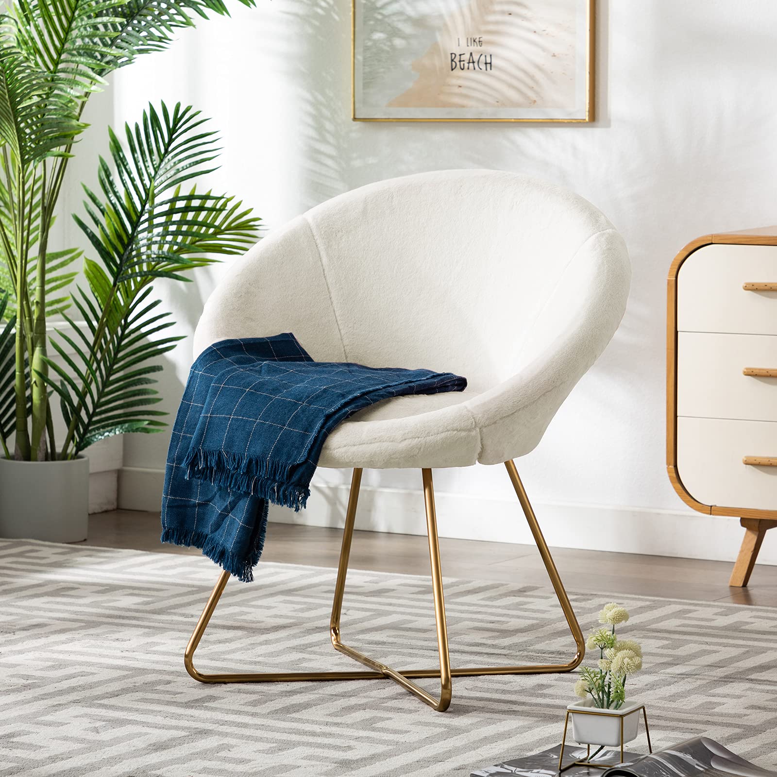 DUHOME Modern Faux Fur Accent Chair - Mid-Century Style Dining & Lounge Chair with Golden Metal Legs - White Living Room Furniture for Home Decor | Perfect for Reading Nook, Bedroom Seating & Cozy Conversation Areas