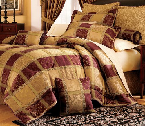 7-Piece Burgundy Jewel Patchwork Comforter Set King Size - Luxury Bedding for Master Bedroom, Guest Room & Dorm Decor