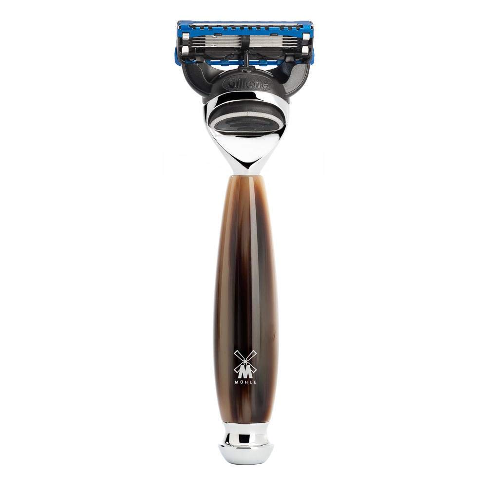 Premium MÜHLE VIVO 4-Piece Black Fiber Shaving Brush & 5-Blade Safety Razor Set - Luxury Wet Shaving Kit for Men with Stand - Perfect for Home Grooming & Travel Essentials