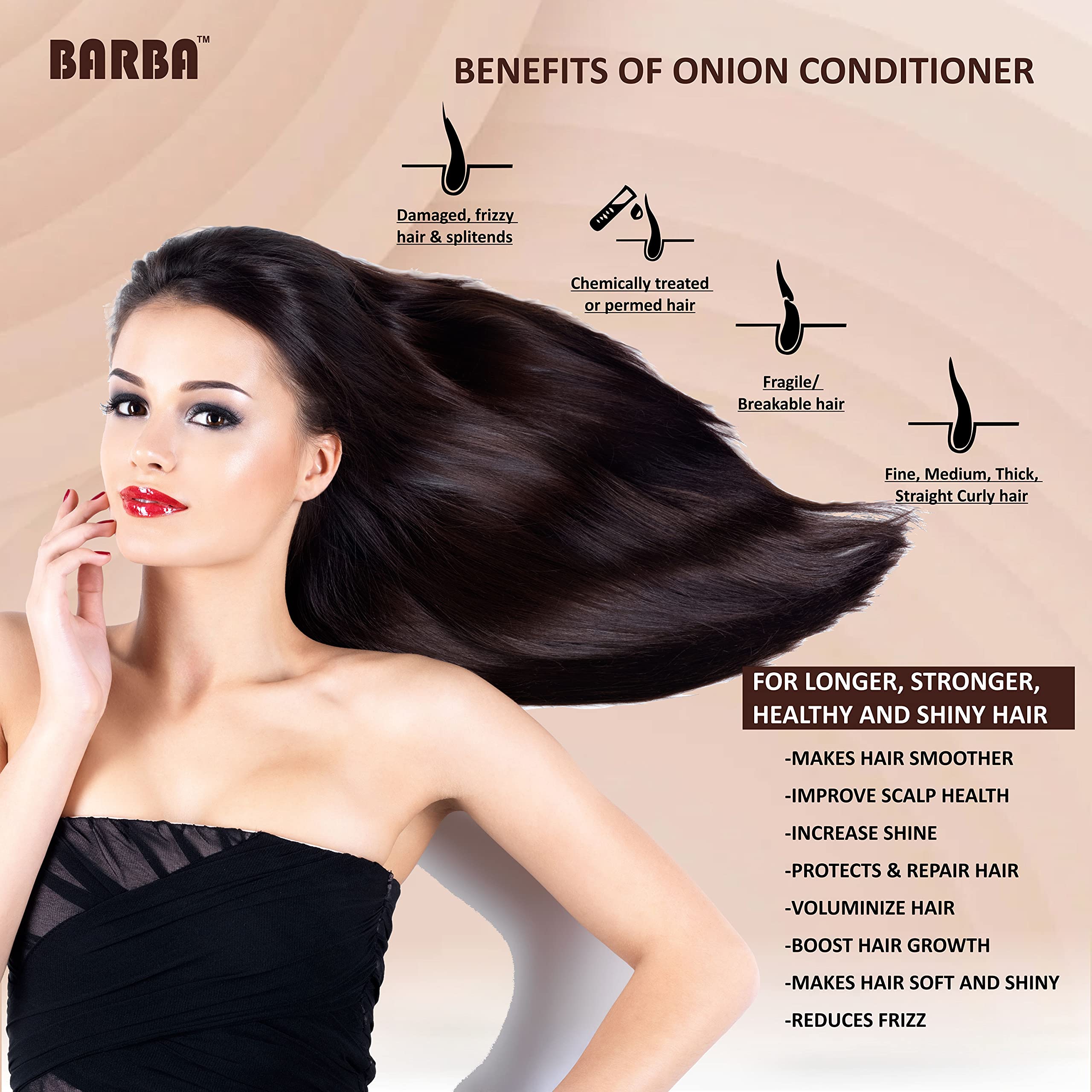 Barba Red Onion Hair Conditioner 300ml - Strengthens, Softens & Restores Shine for Women & Men - Ideal for Damaged, Dry & Frizzy Hair Care at Home or Salon