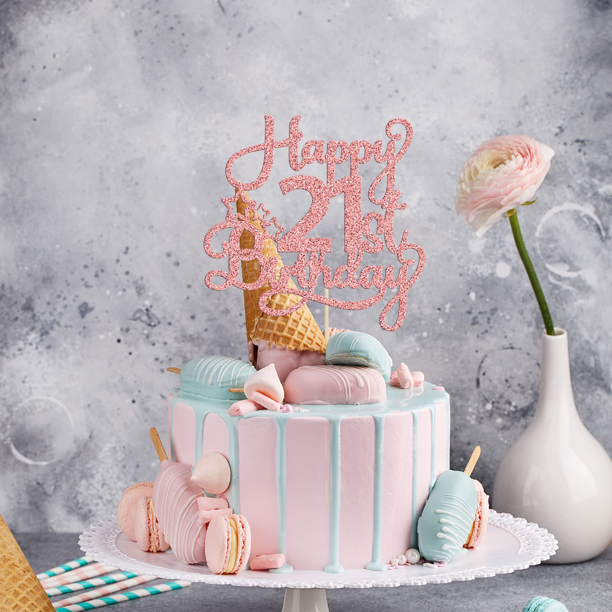 1 Pack Rose Gold Glitter 21st Birthday Cake Topper - '21 & Fabulous Cheers to 21 Years' Cake Decorations for Anniversary Party Supplies | Perfect for 21st Birthday Celebrations, Milestone Parties & Cake Decorating