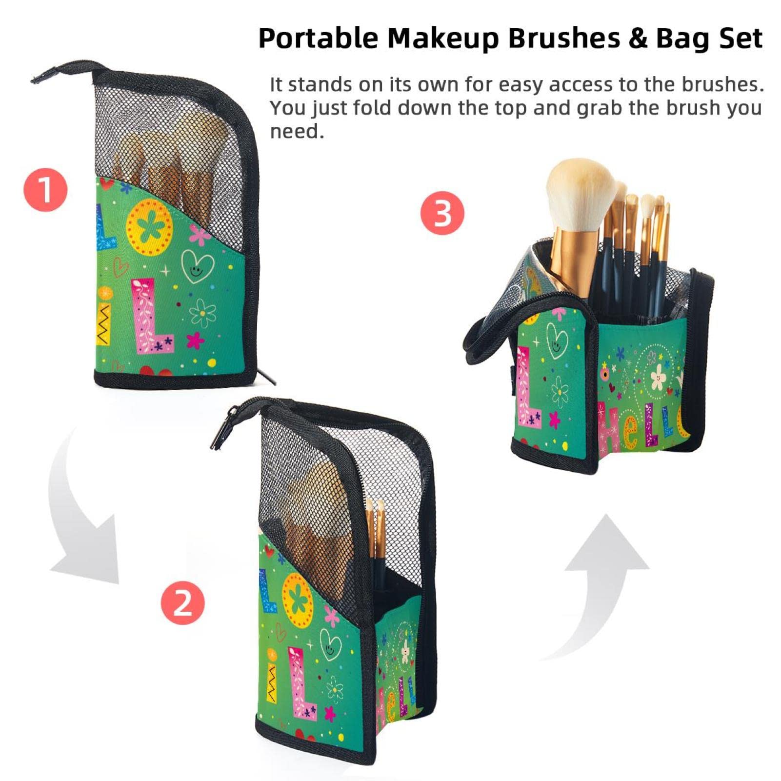 12-Piece Makeup Brush Organizer Bag with Flower Design - Portable Cosmetic Brush Holder Case for Travel & Home Storage | Hello April Collection
