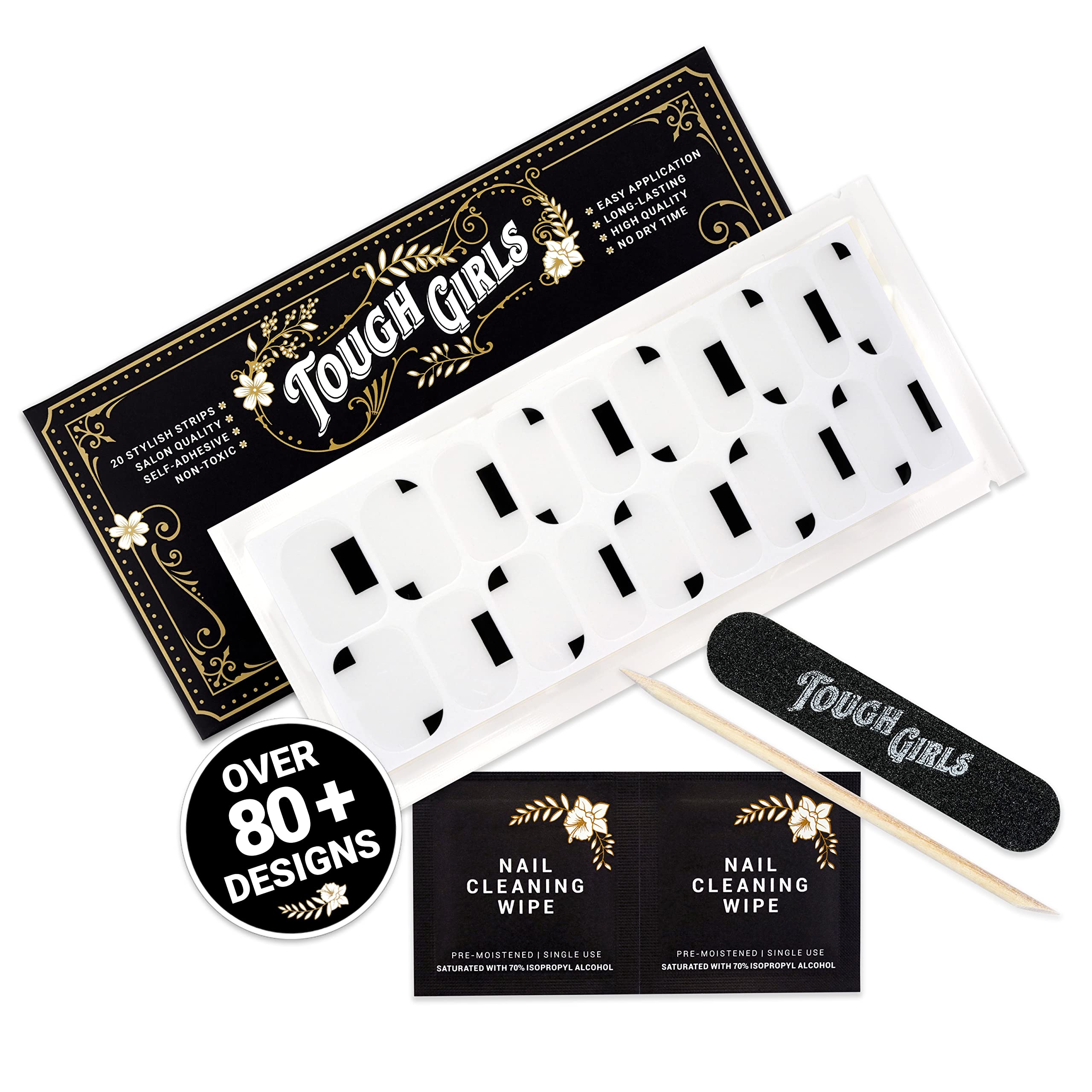 20 Exquisite Gel Nail Polish Strips with Application Accessories - No UV/LED Lamp Needed (Clear & Black Corners) | TOUGH GIRLS Nail Art for Home Manicure, Parties & Special Occasions