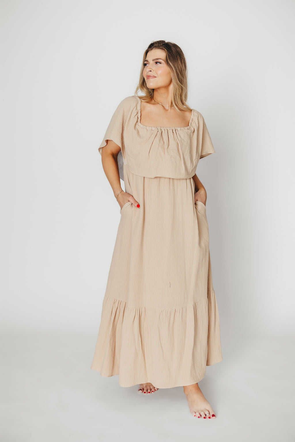 Josie 100% Cotton Maxi Dress in Beige - Bump & Nursing Friendly Maternity Dress for Pregnancy & Breastfeeding | Perfect for Casual Outings, Baby Showers & Nursing Comfort
