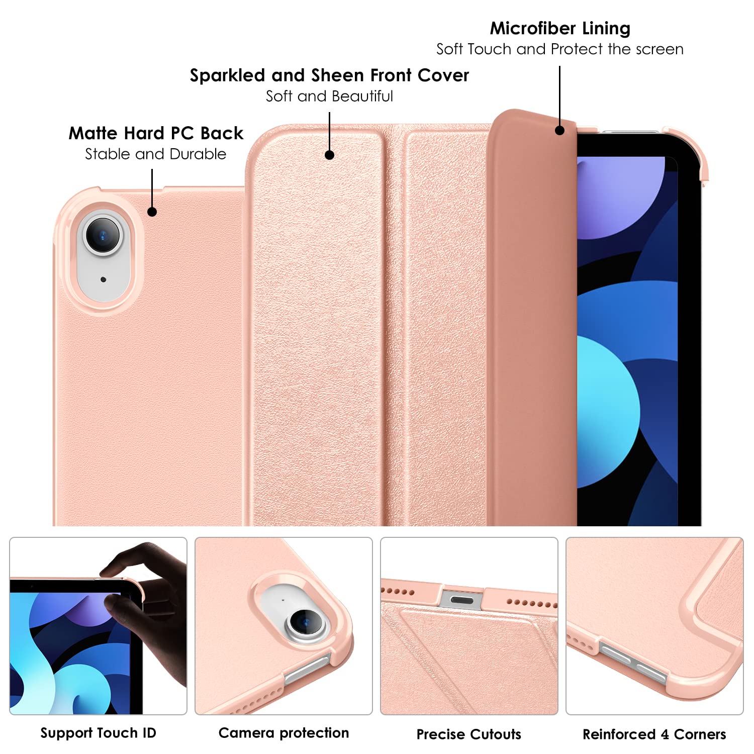 DTTO iPad Air Case for 11-inch M2 & 10.9-inch 5th/4th Gen - Sparkle Hard Back with Sheen Front Cover (2024/2022/2020 Models) - Compatible with 2nd Gen Apple Pencil Charging - Rose Gold - Perfect for Work, School & Travel Protection