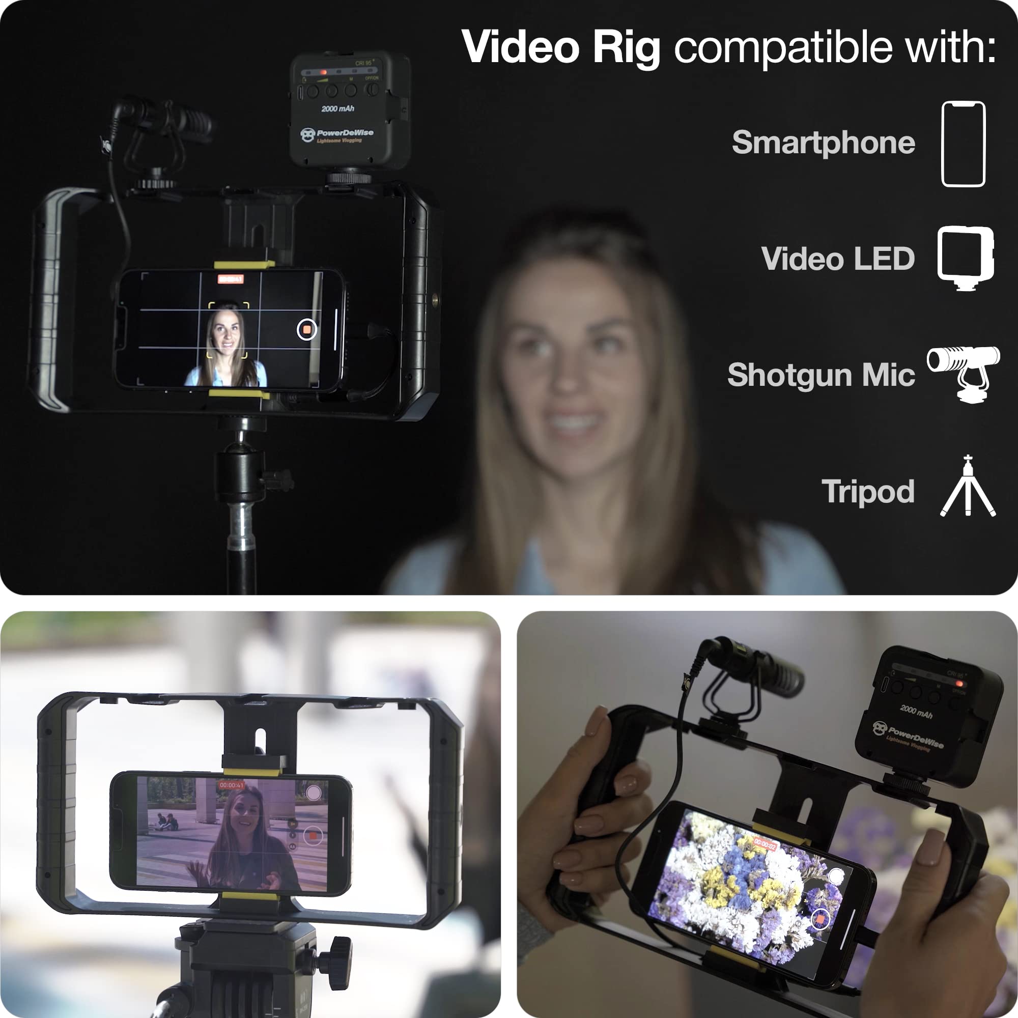 PowerDeWise Smartphone Video Rig - 3 Cold Shoe Mounts Stabilizer Handheld Cage Tripod for iPhone & Android Filmmaking | Perfect for Vlogging, YouTube Videos & Professional Mobile Photography