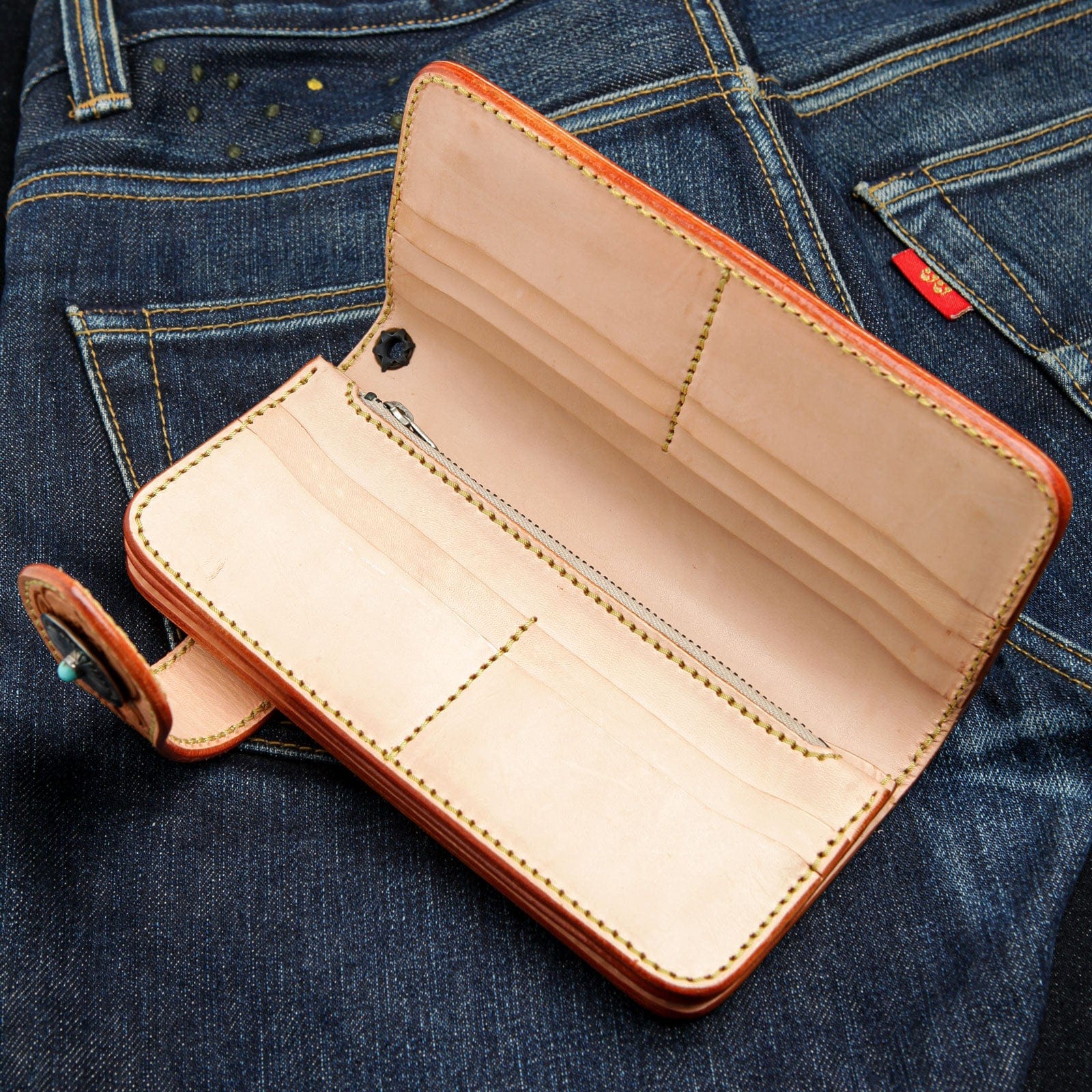 Japanese Floral Light Brown Genuine Leather Turquoise Concho Biker Wallet for Men - Western Style Money Clip Billfold with Conchos - Perfect for Motorcycle Riders, Cowboy Fashion & Gift Giving