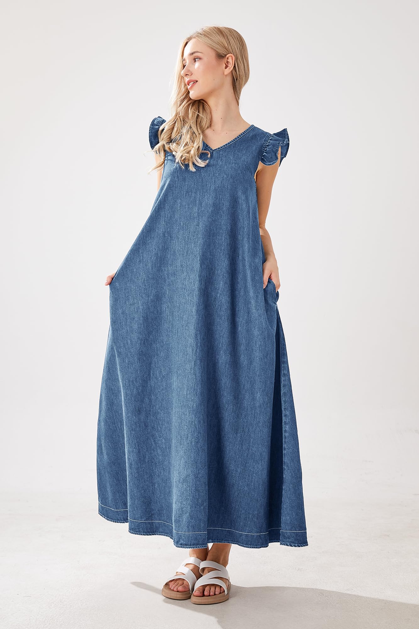 UTCoco Women's Long Denim Dress - Casual Loose Fit Ruffle Sleeveless V-Neck Maxi Dress for Summer 2025 | Beach Cover Up, Boho Outfit, Streetwear Fashion