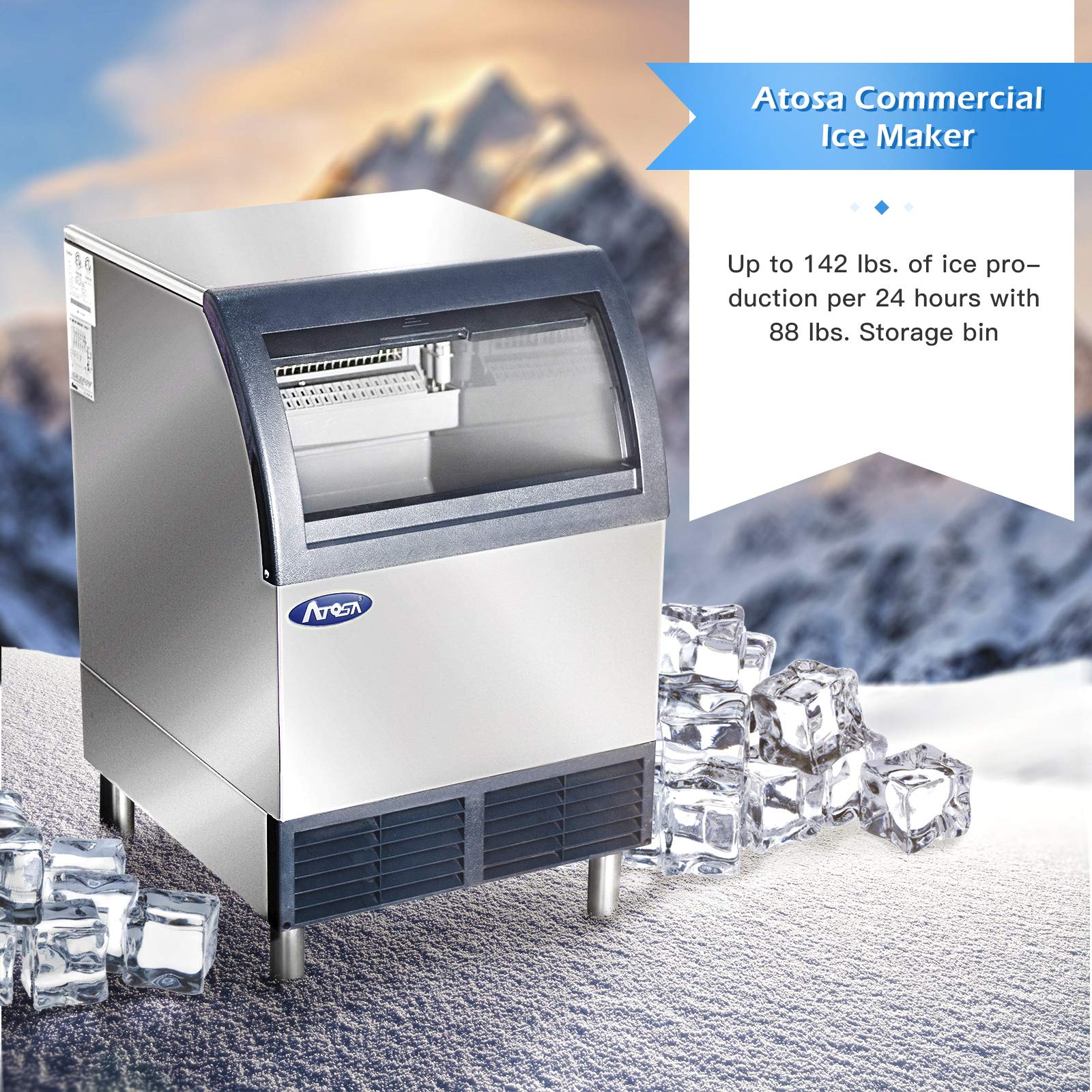 Atosa Commercial Ice Maker Machine with Bin - 142lbs/24h Stainless Steel Automatic Ice Maker for Restaurants, Bars, Cafes & Catering Services - Perfect for High-Volume Ice Production in Food Service Businesses