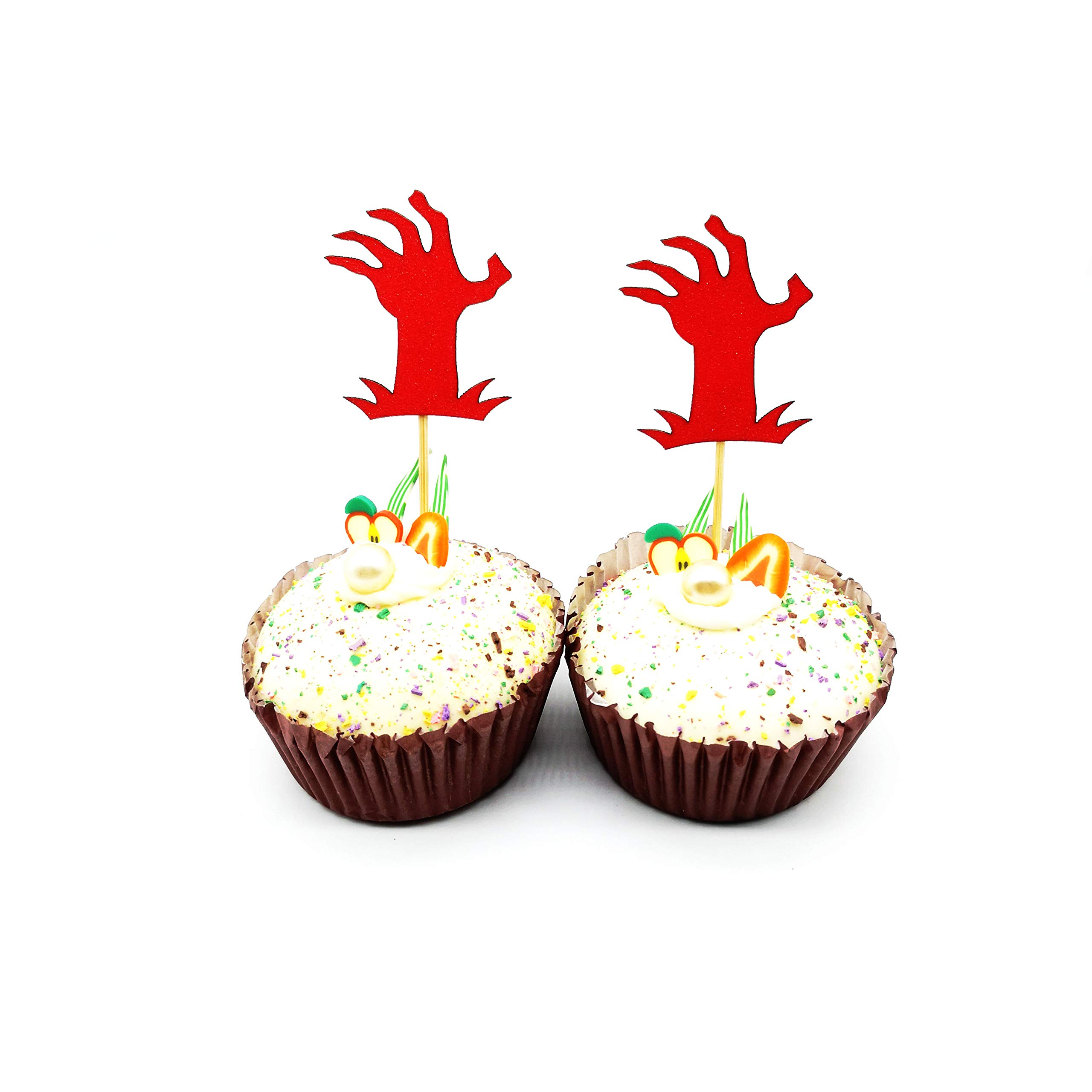 Red Glitter Zombie Arm Cupcake Toppers - Halloween Party Decorations, Zombie Hand Food Picks for Spooky Desserts - Perfect for Halloween Parties, Cupcake Decorating & Themed Dessert Displays